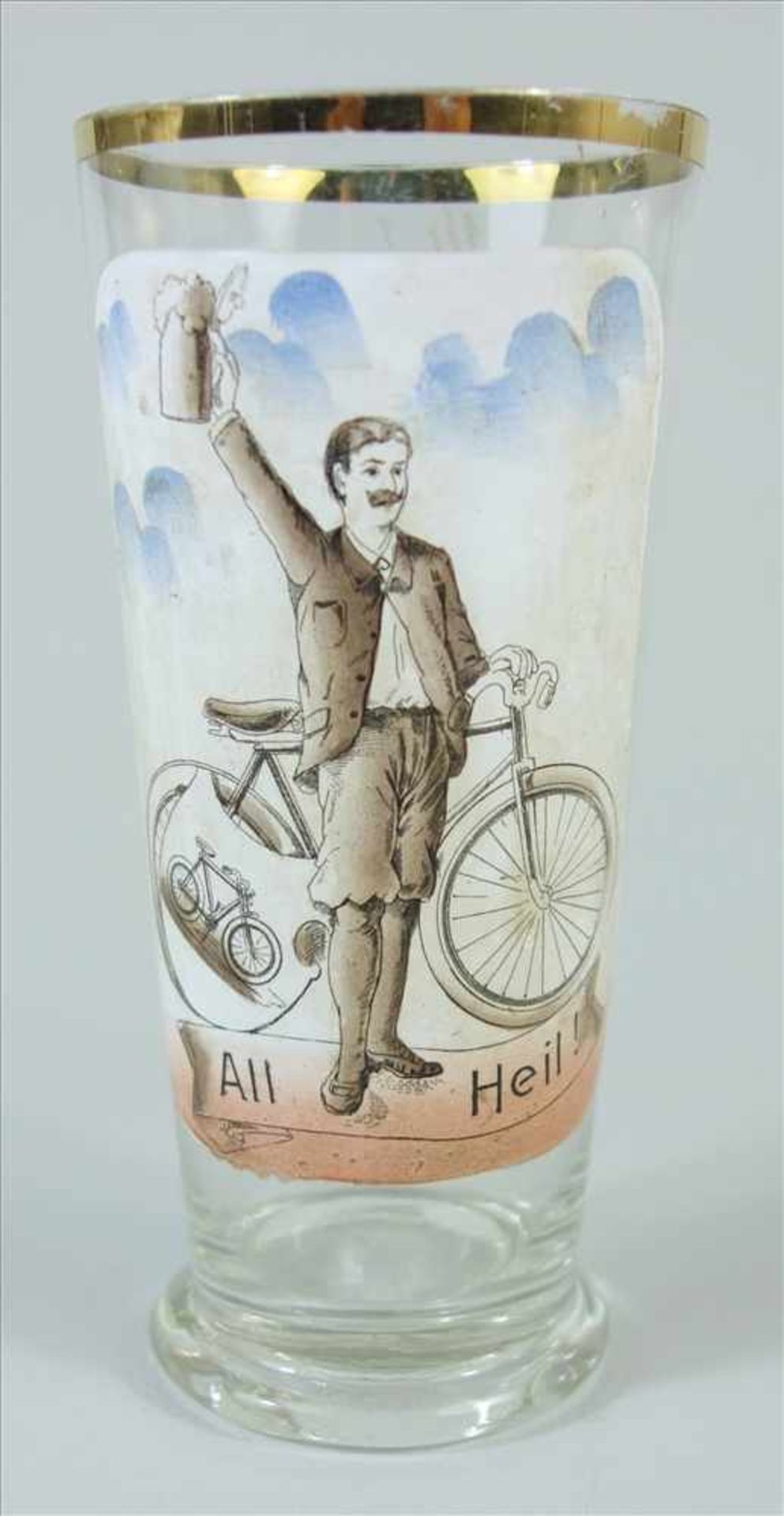 Radfahrer Trinkglas, um 1890, Klarglas, 1/4 Ltr., schauseitig mit Emaillemalerei, H.13,8cm