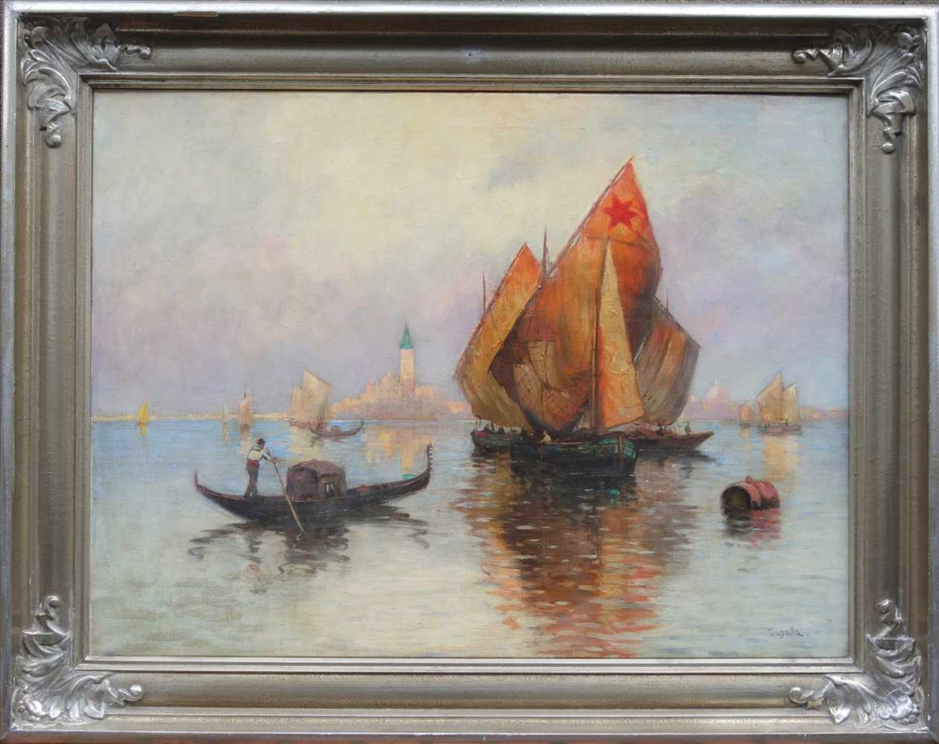 Trogella, Segelboote vor Venedig, 1.Hälfte 20.Jh., Öl/Lw., im Hintergrund die Stadtsilhouette mit