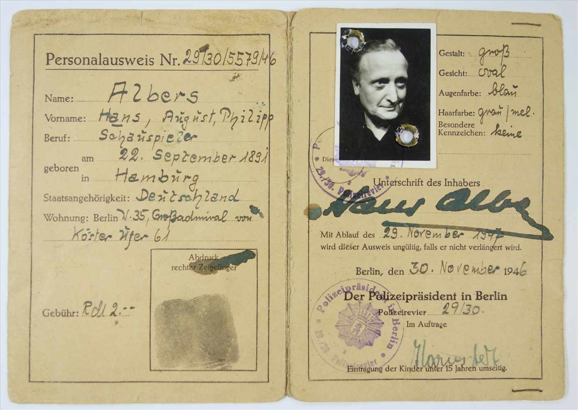 Behelfsmäßiger Personalausweis des Schauspielers Hans Albers, 1946, Original, u.a. mit