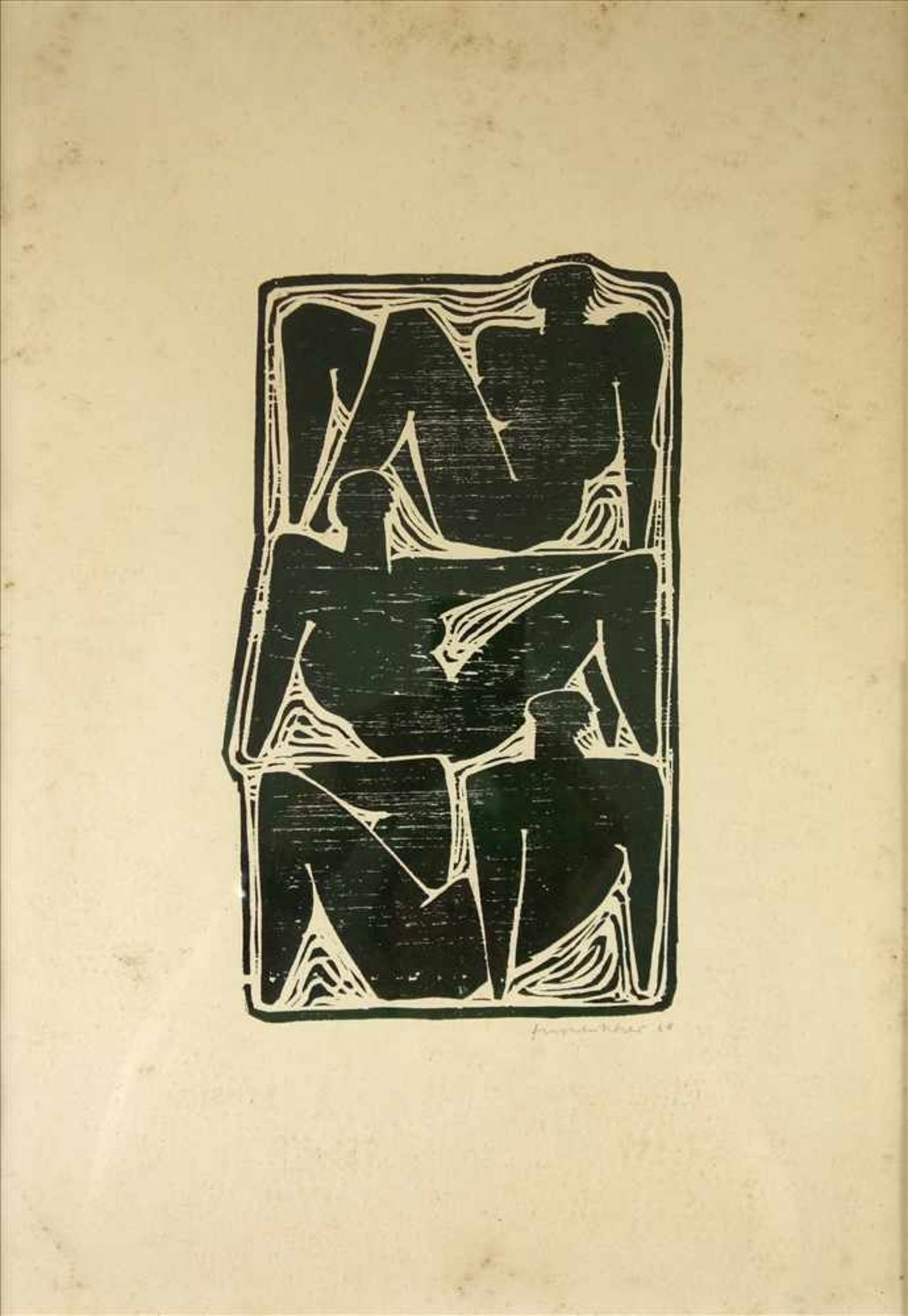 undeutl. signiert "Drei Akte", 1968, Holzschnitt, u.r. sign. und datiert, abstrakte Silhouetten drei