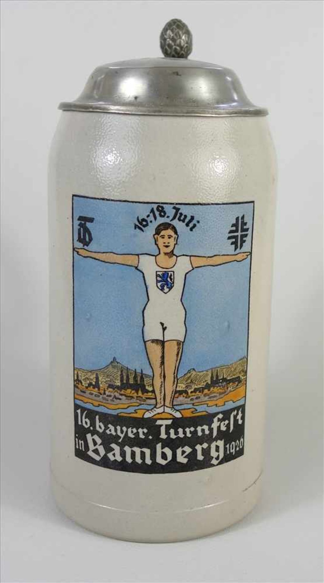 Bierkrug "16.bayer.Turnfest in Bamberg 1926", 1 Ltr., graues Steinzeug, Zinndeckel mit Gravur "