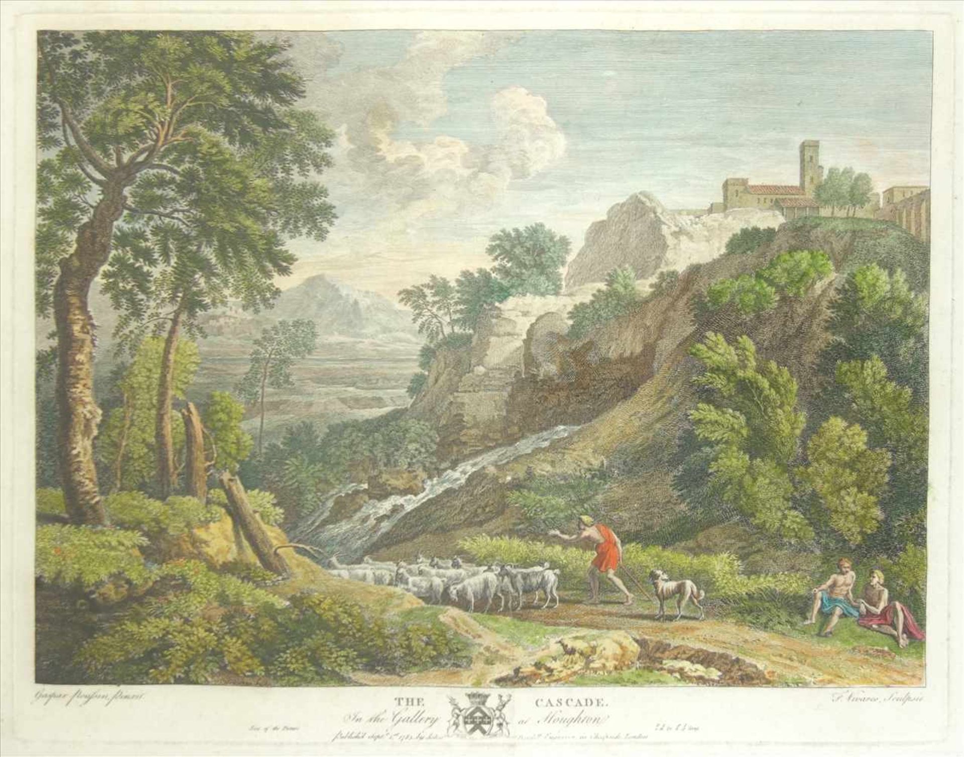 François Vivares (1709-1780) "The cascade", kolorierter Kupferstich nach Gaspard Poussin,