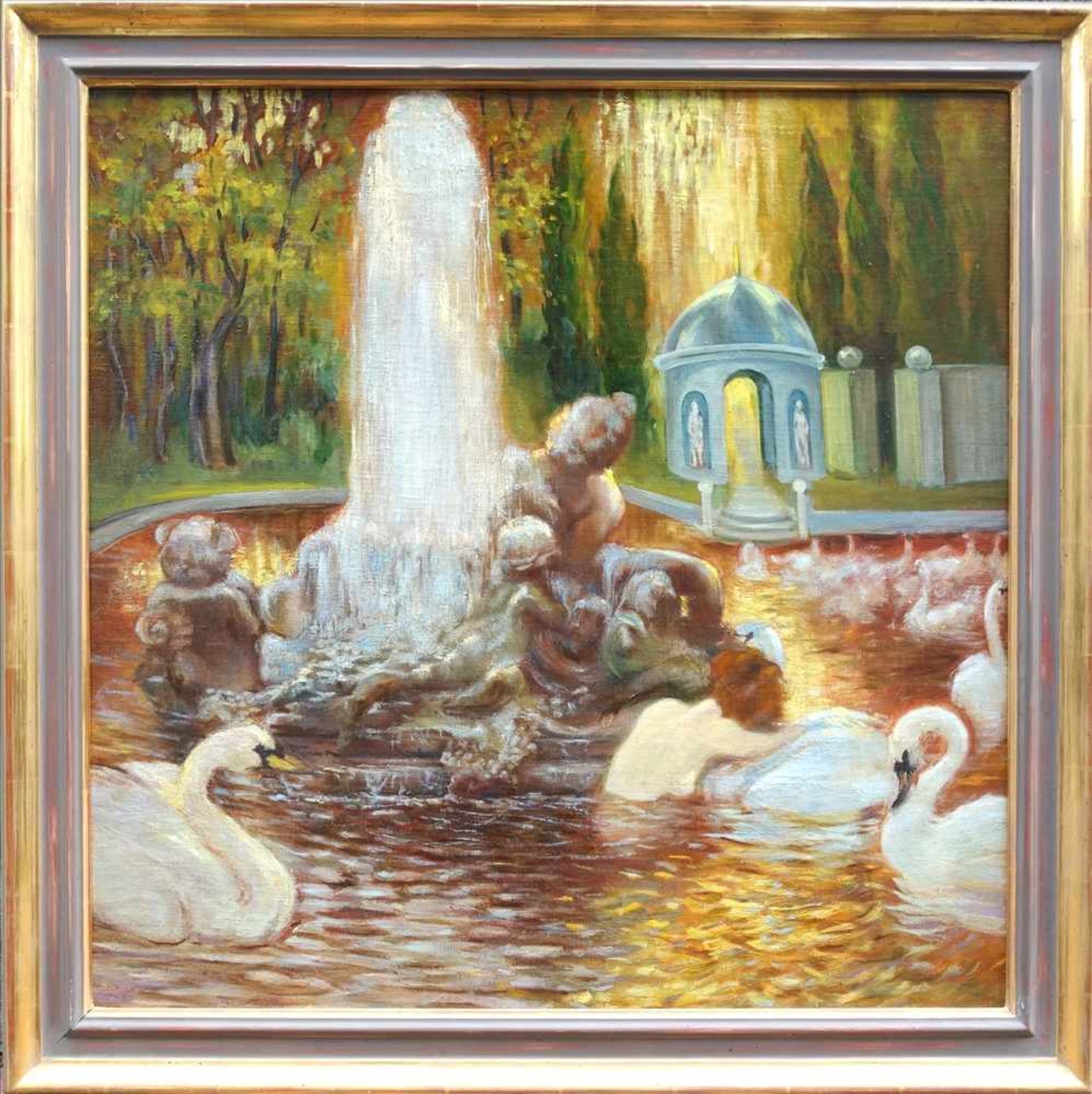 unsigniert "Parkanlage mit Springbrunnen", 19.Jh., Öl/Lwd., BH 72*72cm, getreppter Goldrahmen, Blick