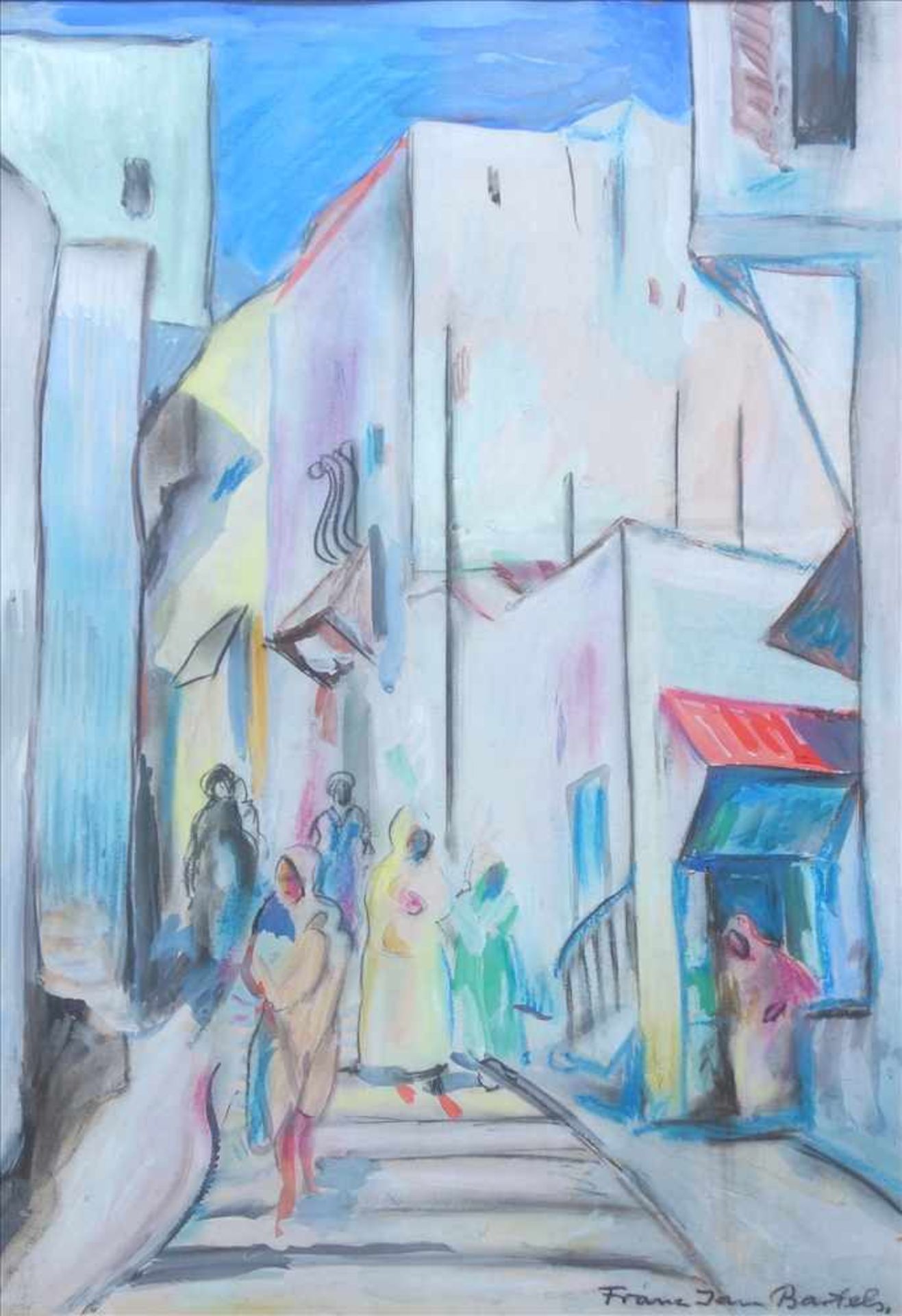 Bartels, Franz Jan, Straßenszene in Tanger/Marokko, aquarellierte Kohlezeichnung; Häuserzeile in der