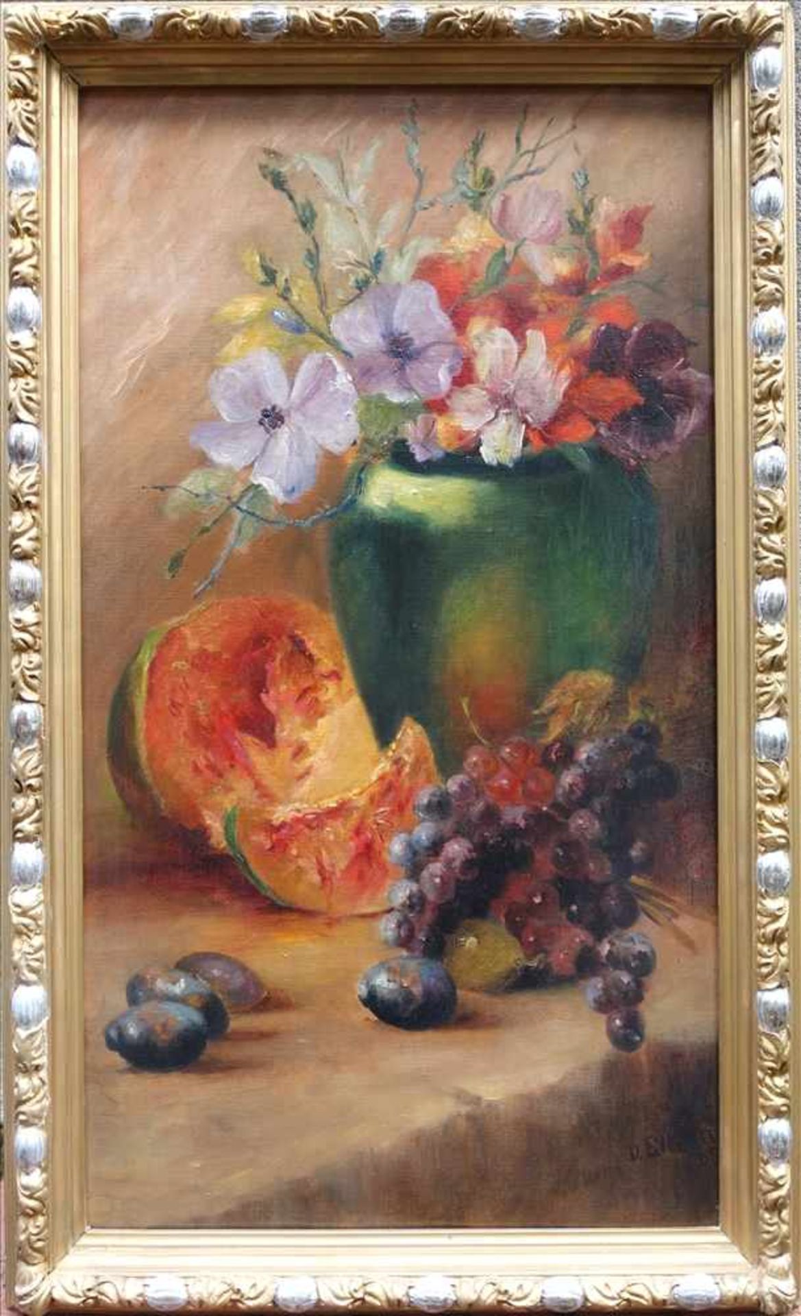 D. Eikun (?) "Stillleben mit Melone", 2.Hälfte 19.Jh., Öl/Lwd., Blumenstrauß in Vase hinter