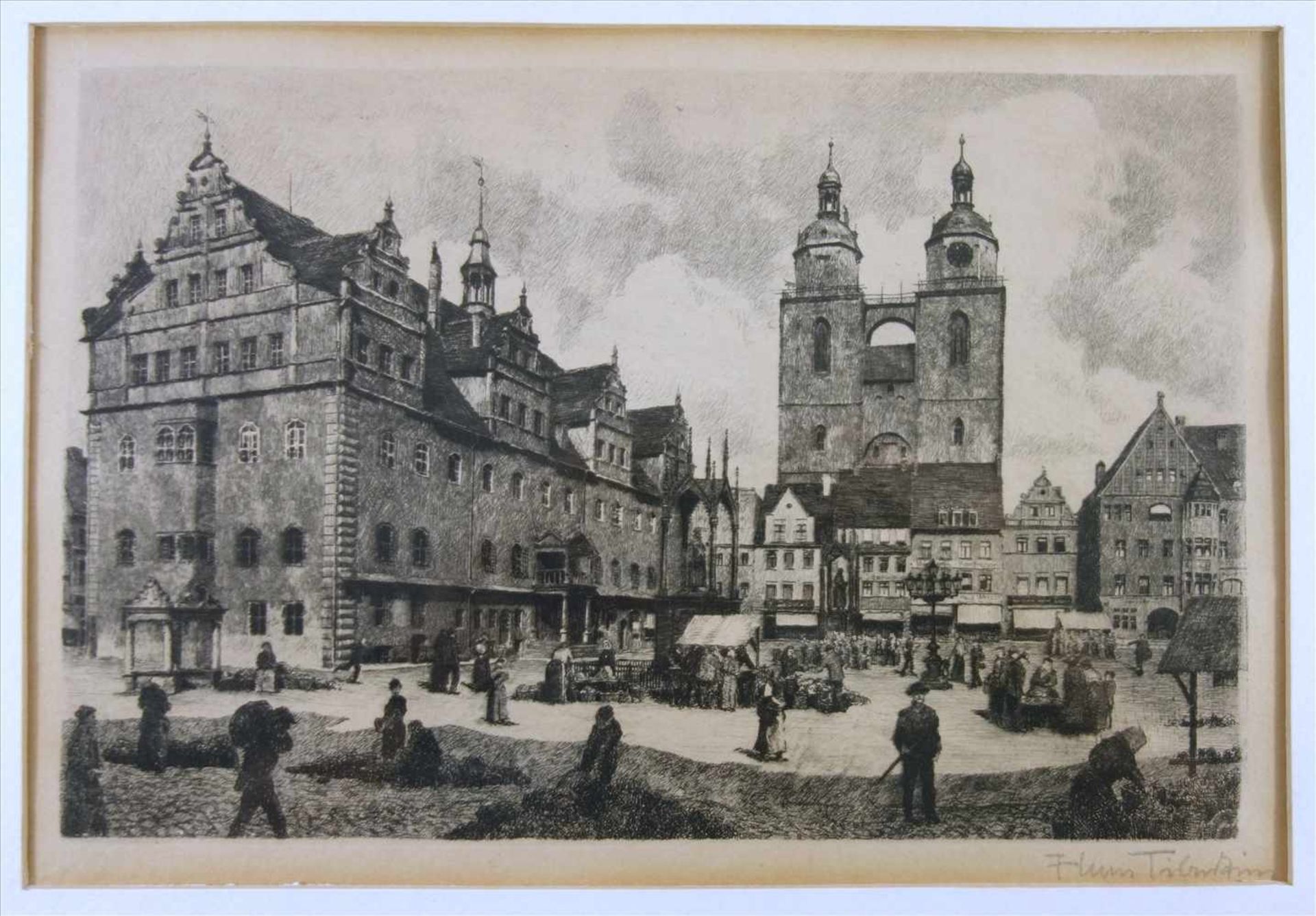 Hans Tiburtius (1892-1952) " Marktplatz in der Lutherstadt Wittenberg", Stahlstich, unten rechts