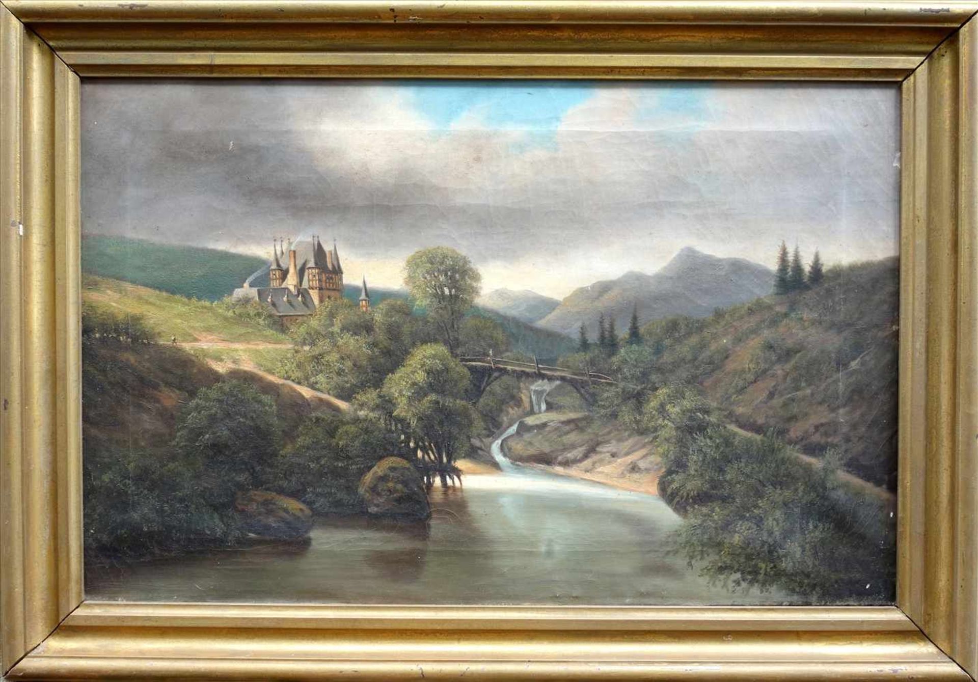 L.v.Lorch "Landschaft mit Schloss", 1858, Öl/Lw., bergige Landschaft u. Gewitterhimmel mit Fluss, im