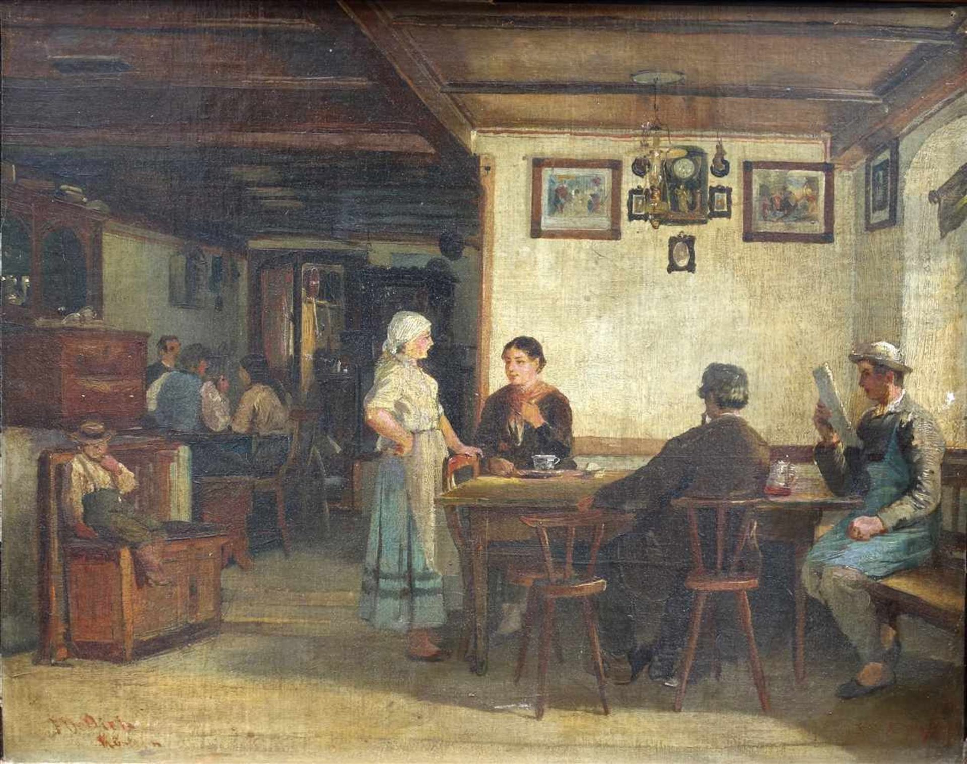 Münchner Genremaler des 19. Jh., "Teestunde im Gasthaus", detaillierte Interieurdarstellung mit