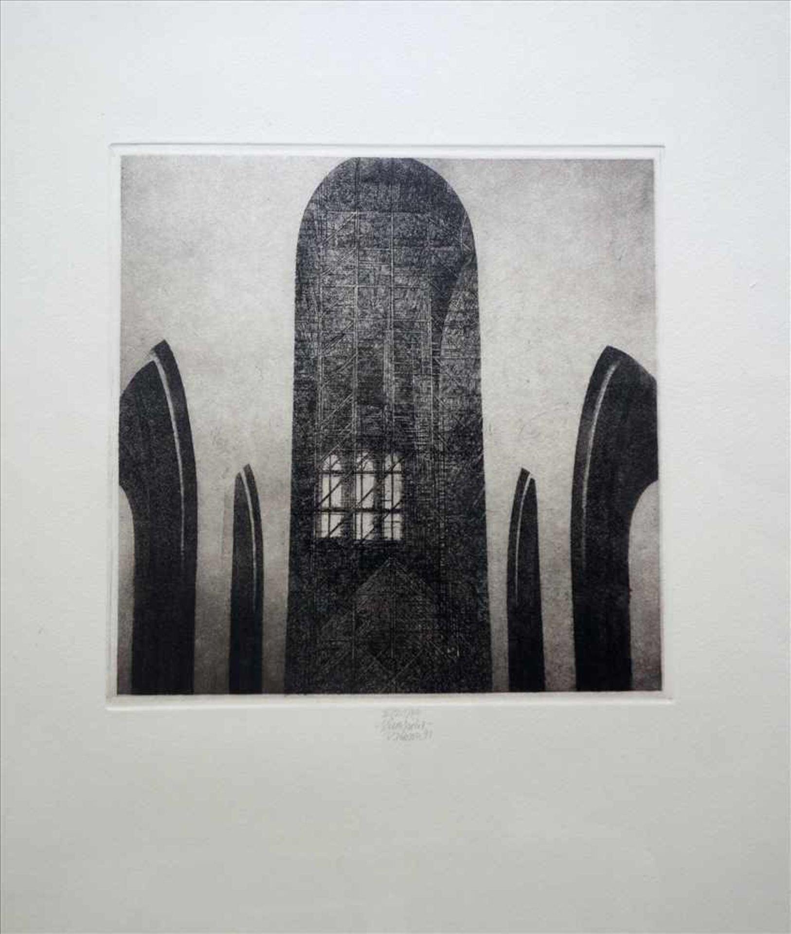 Rudolf Pötzsch (geb. 1950 in Leipzig) "Rücksicht", `90, Radierung, architektonische Darstellung in