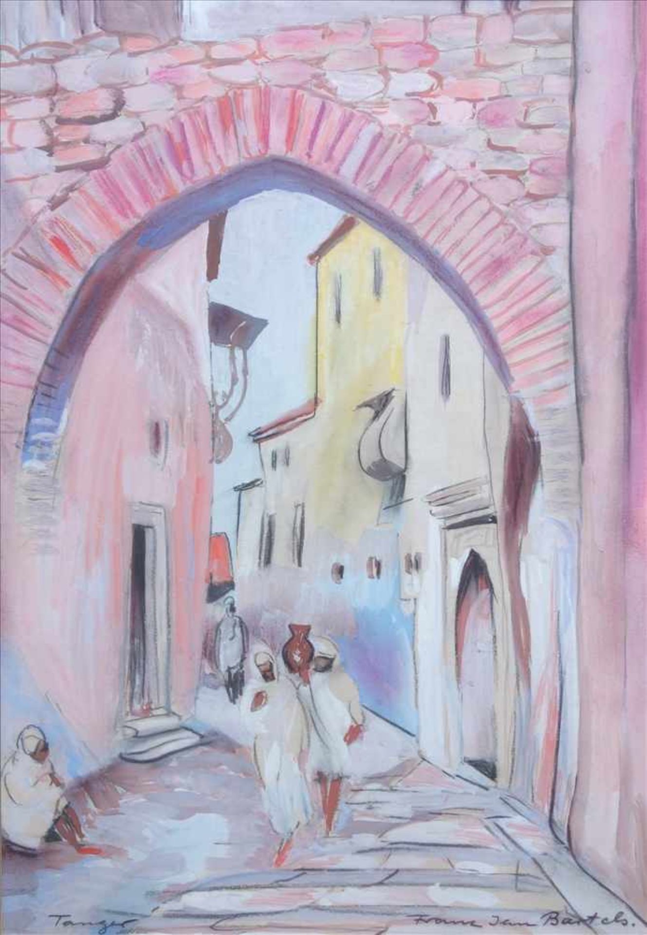 Bartels, Franz Jan, Straßenszene in Tanger/Marokko, aquarellierte Kohlezeichnung; Blick durch