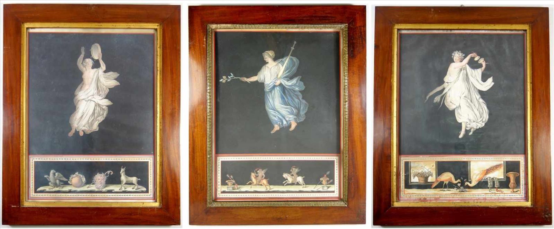 3 Gouachen nach Fresken aus der Villa des Cicero in Pompeji, um 1820, jeweils eine weibliche