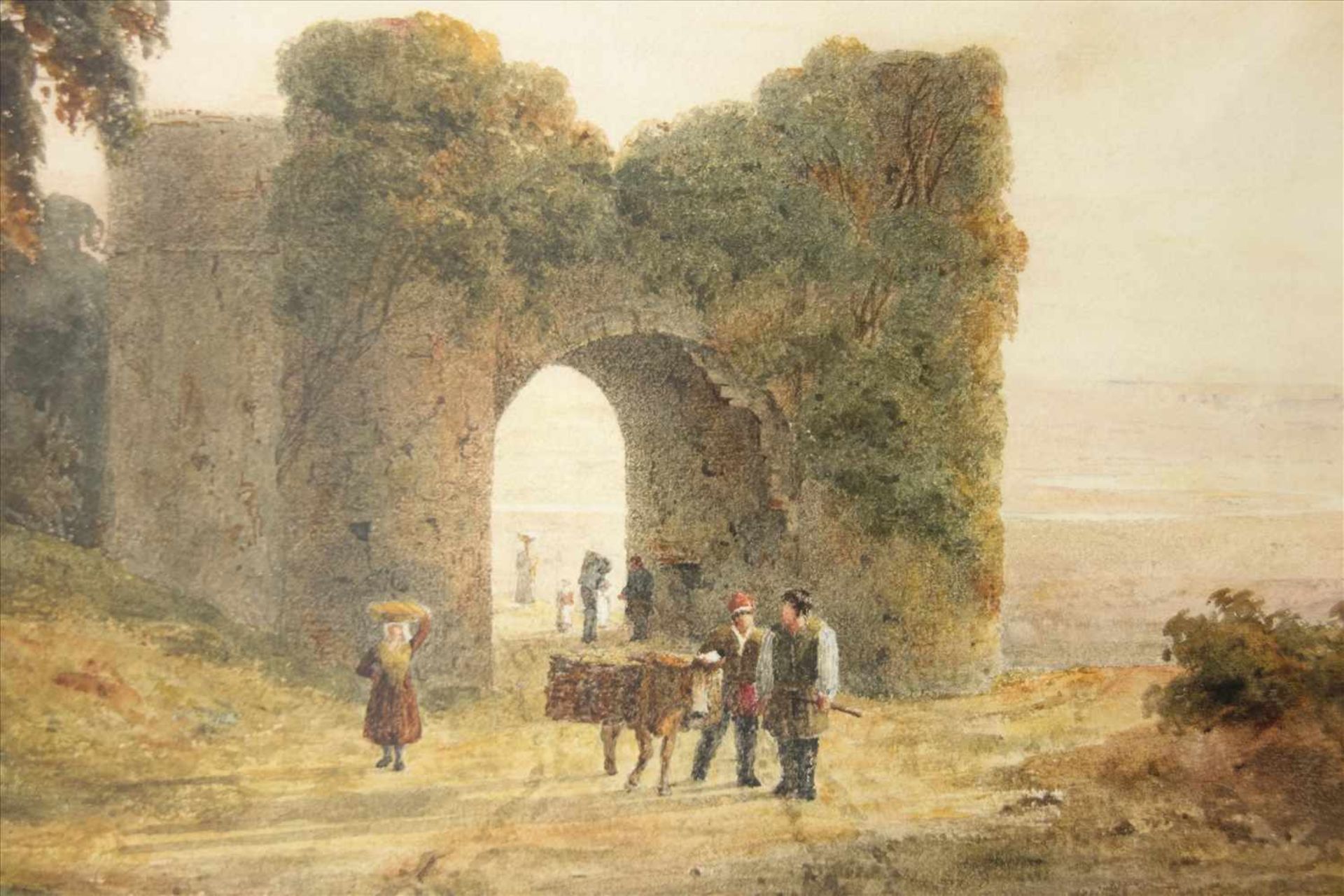 Rud. Müller, Landschaft in Kampanien, Mitte 19.Jh., Aquarell, Passanten auf einer Straße mit - Bild 4 aus 5