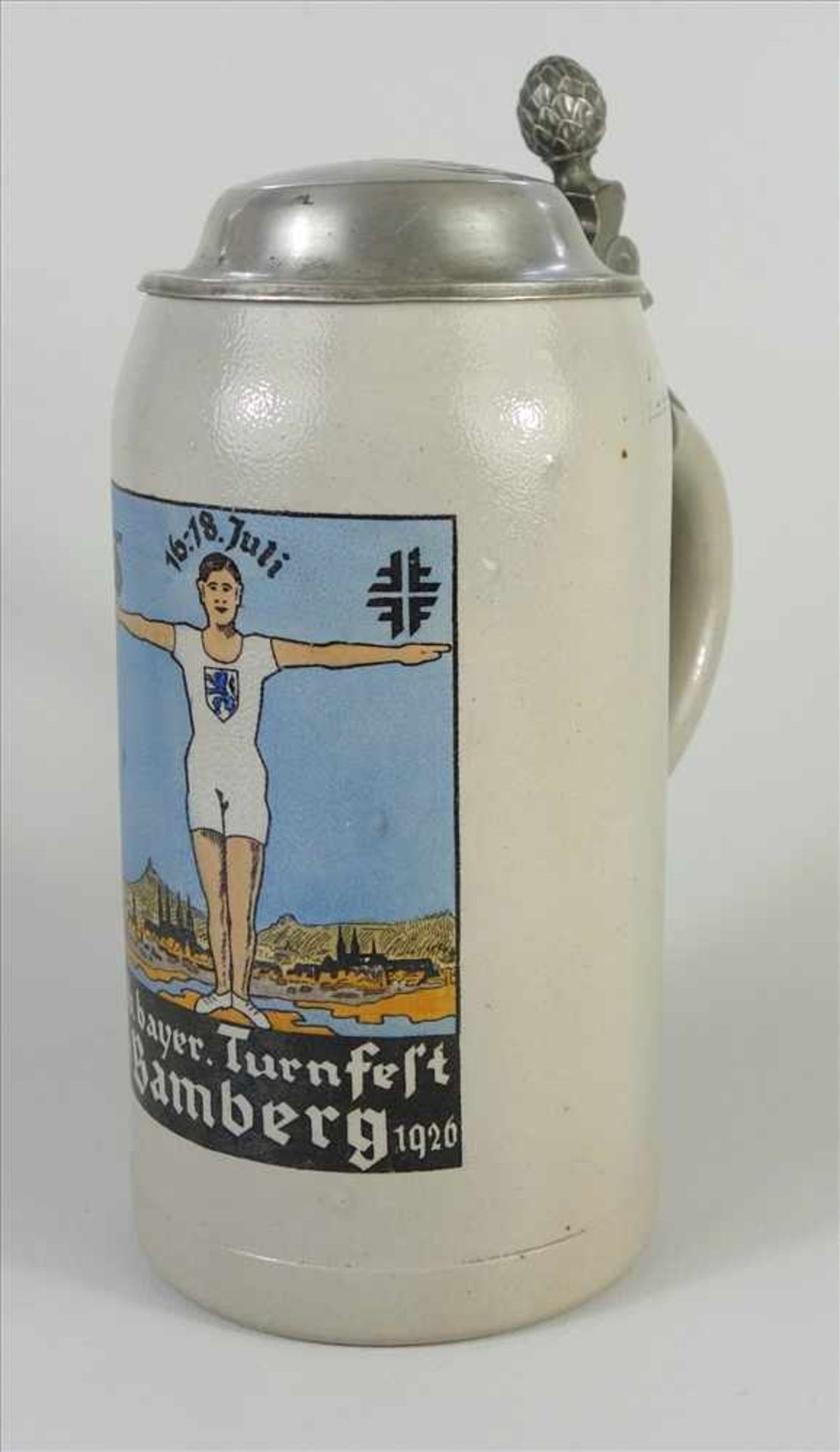 Bierkrug "16.bayer.Turnfest in Bamberg 1926", 1 Ltr., graues Steinzeug, Zinndeckel mit Gravur " - Bild 2 aus 4