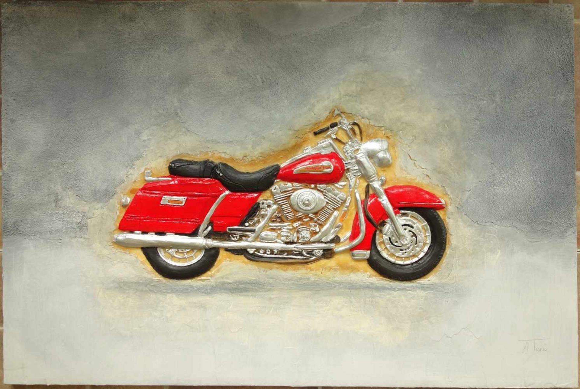 M. Tarin "Harley Davidson", o.J., Assemblage/Mischtechnik auf Leinwand, im Bild und u.r. signiert,