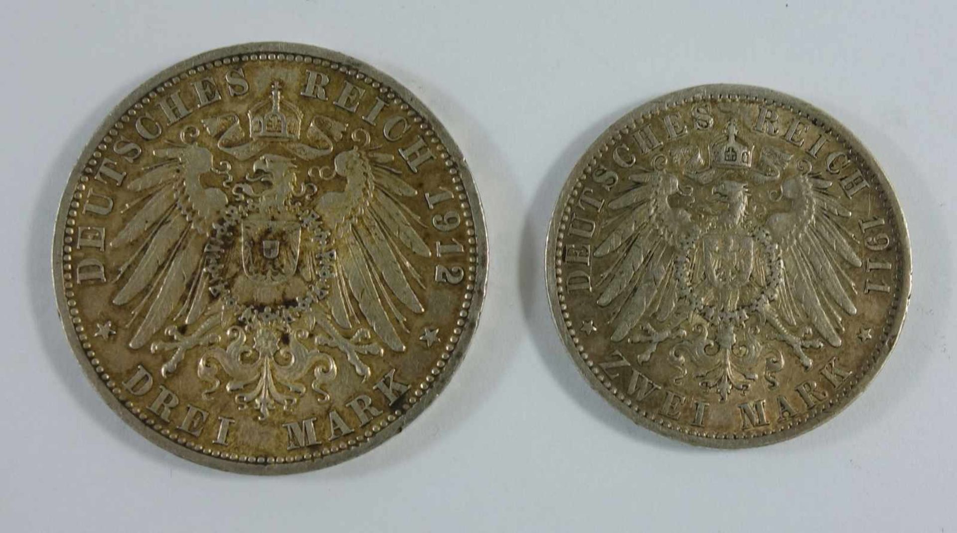 2 Mark 1911, A und 3 Mark 1912, A, Preußen, Kaiserreich, Silber, guter Zustand- - -18.00 % buyer's - Bild 2 aus 2