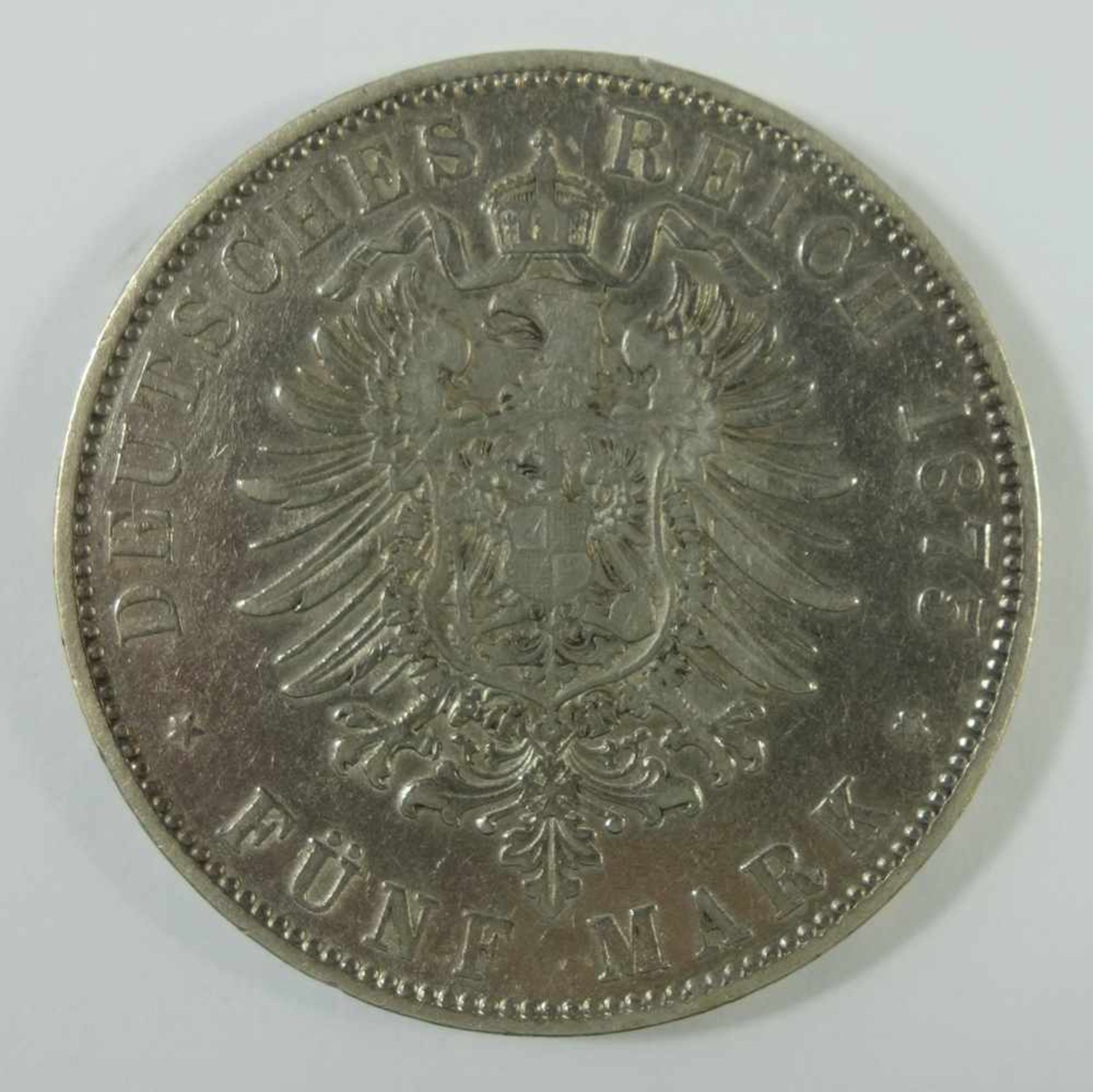 5 Mark 1875, E, "Albert, König von Sachsen", Kaiserreich, 900er Silber, kleiner Adler, Gew. 27, - Bild 2 aus 2