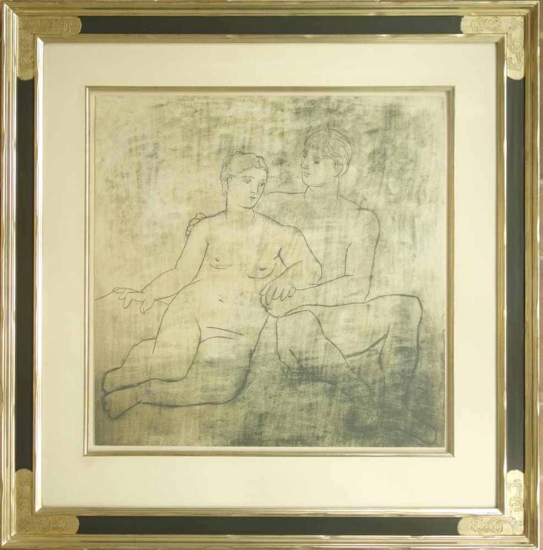Farboffset auf Bütten nach Pablo Picasso "L`idillio", Blattmaß 78*78cm, in exklusivem Galerierahmen,