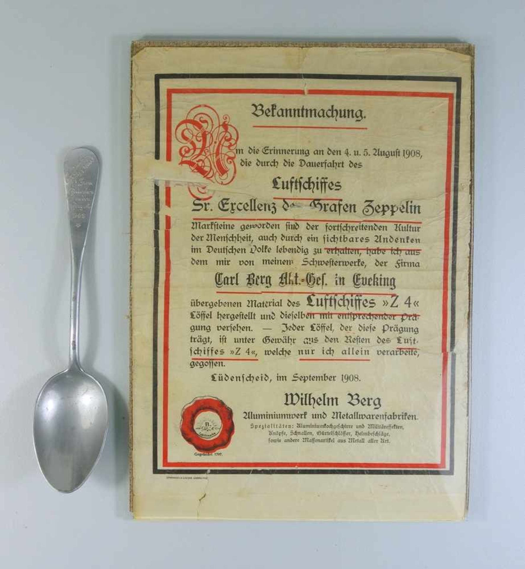 Zeppelinspende: Löffel und Urkunde zur Erinnerung an den 4. und 5. August 1908 anlässlich der