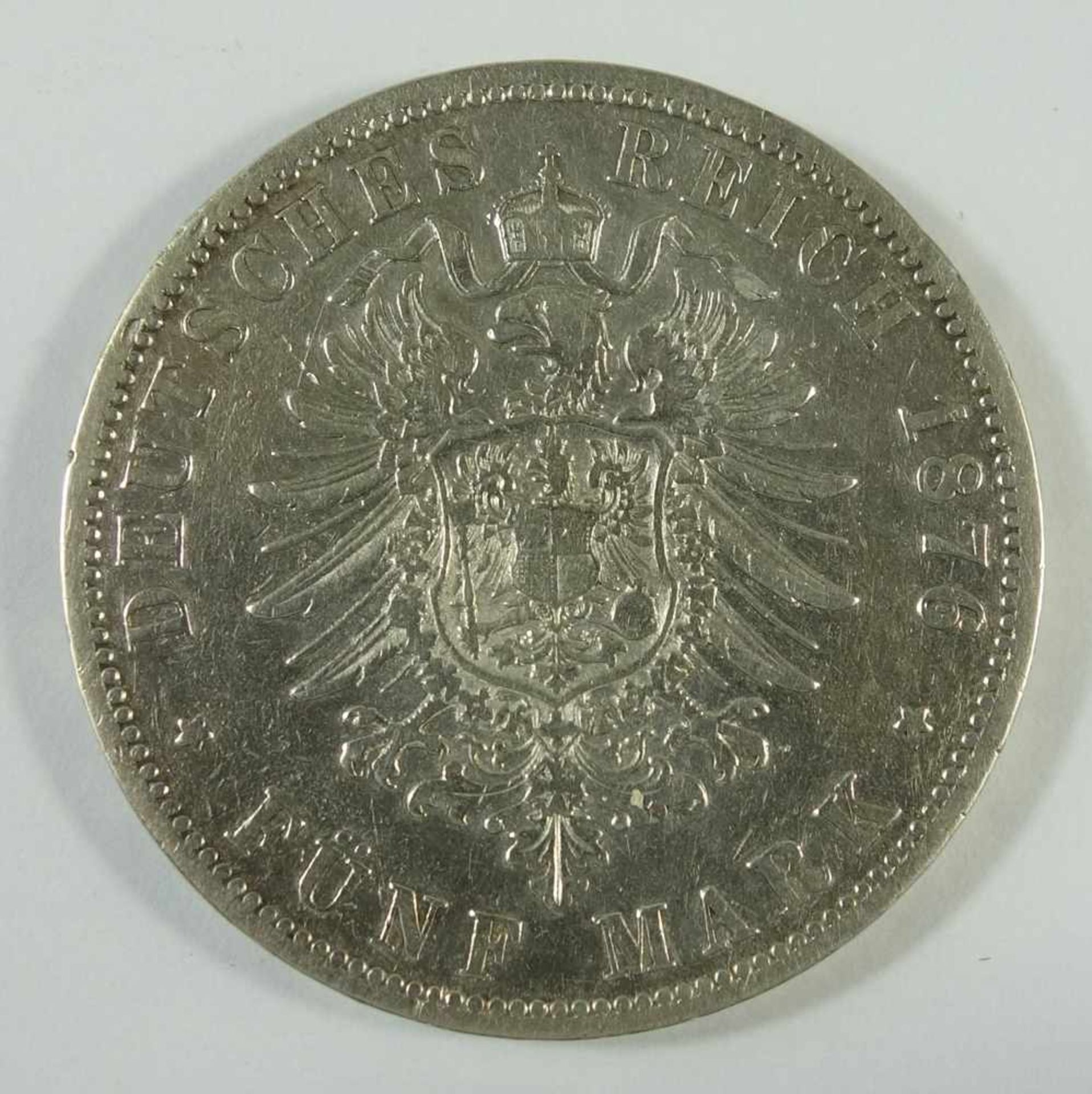 5 Mark 1876, B, "Wilhelm, Deutscher Kaiser, König v. Preussen", Kaiserreich, 900er Silber, Gew.27, - Bild 2 aus 2
