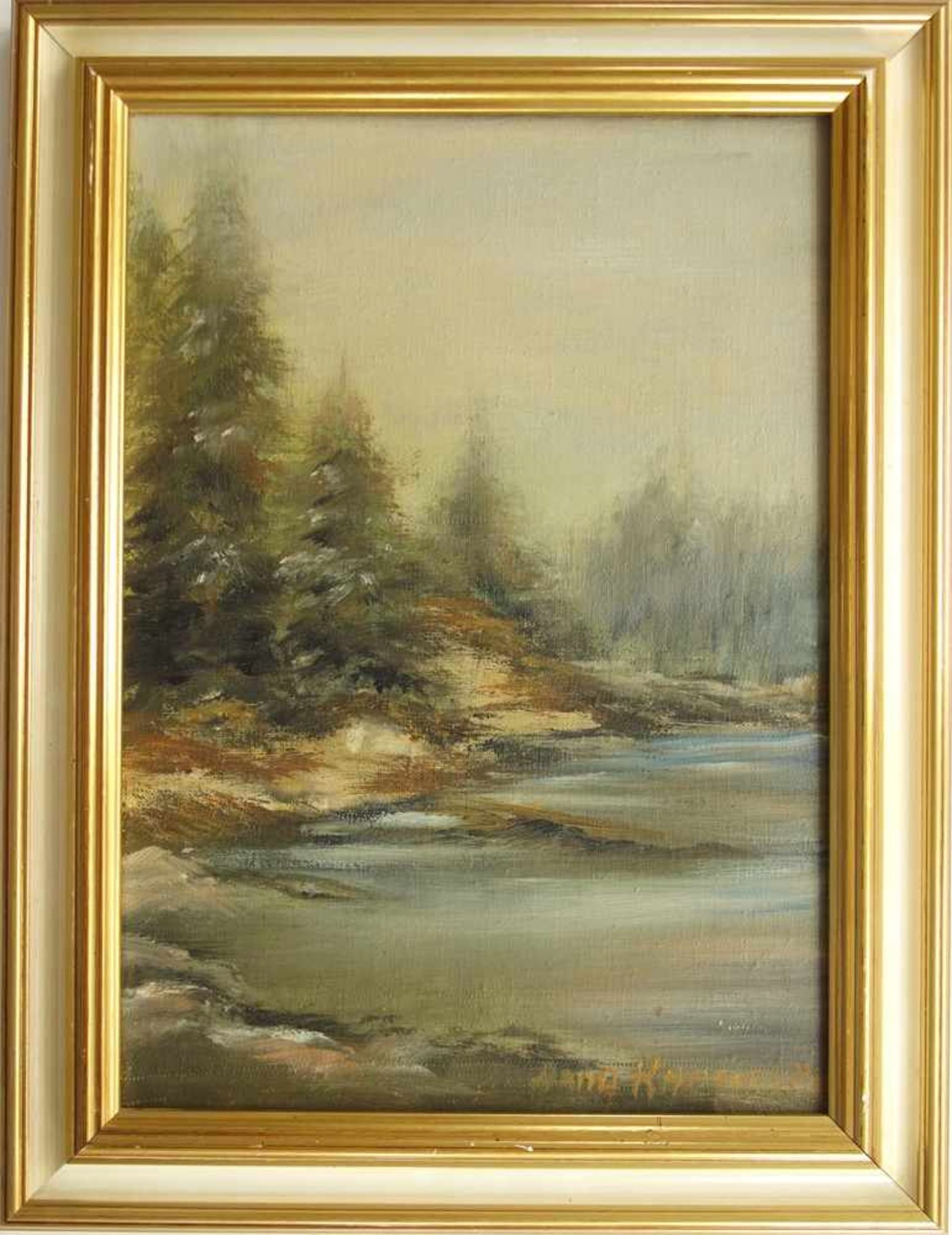Anna Kaminsky "Ufer mit Nadelbäumen", 20. Jh., Öl/Lw., u.r. signiert, HB 34*24,5cm, gerahmt,