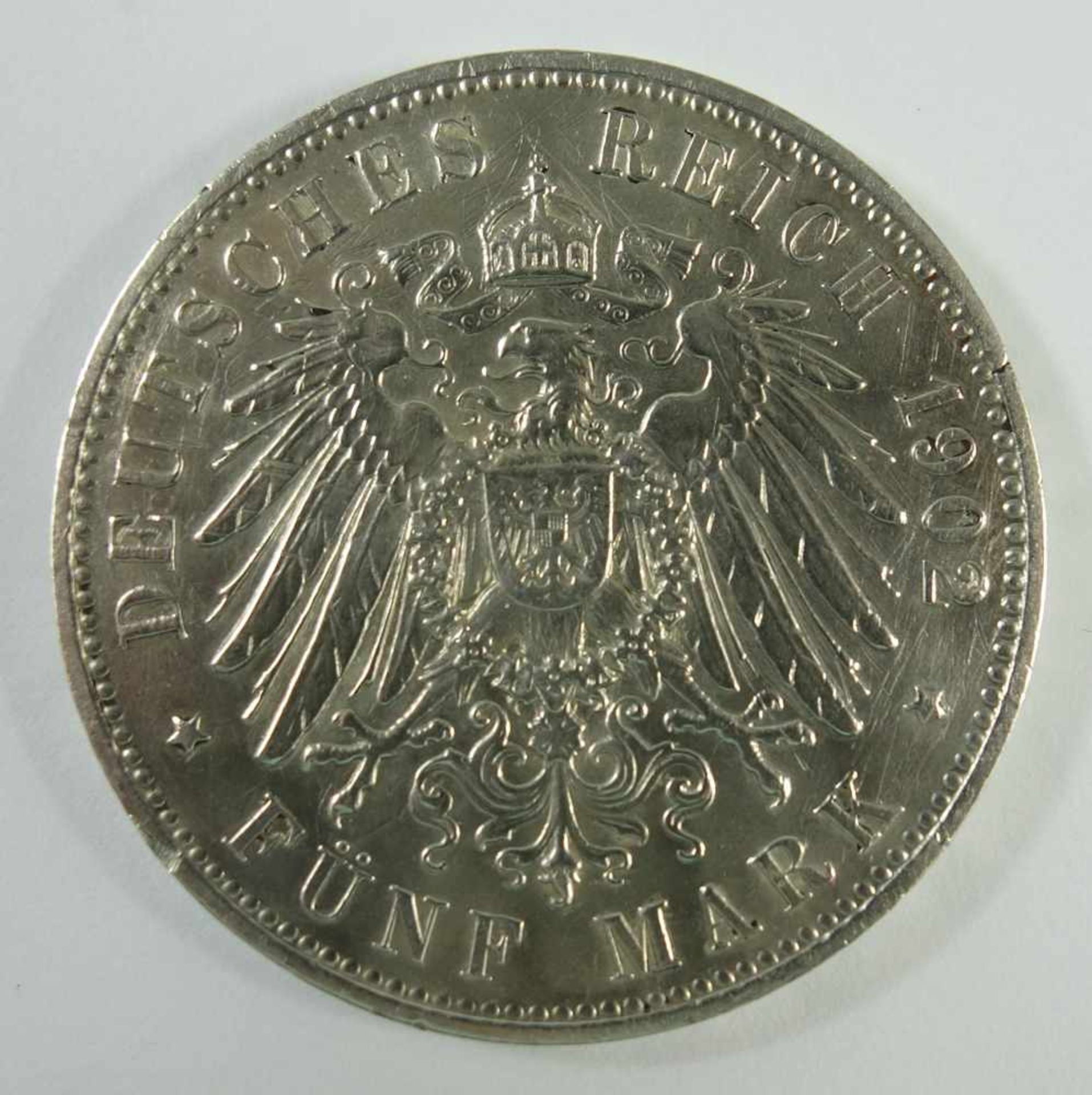 5 Mark 1902, E, "Albert, König von Sachsen", Kaiserreich, 900er Silber, großer Adler, Gew. 27,70g, - Bild 2 aus 2