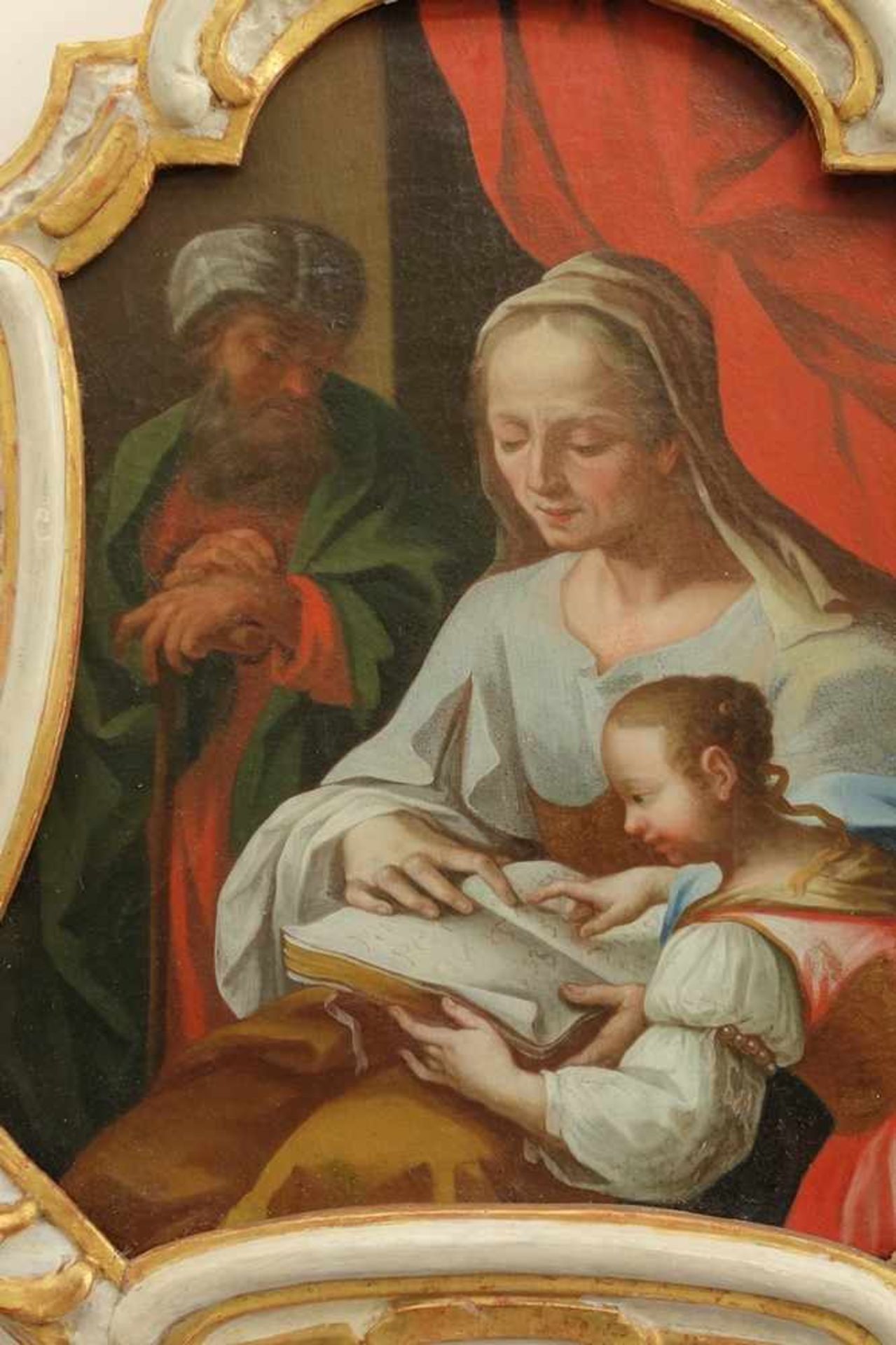 Italienische Schule, Anna lehrt Maria das Lesen, 17./18.Jh., Öl/Lw., vor einem roten Vorhang liest - Bild 2 aus 3