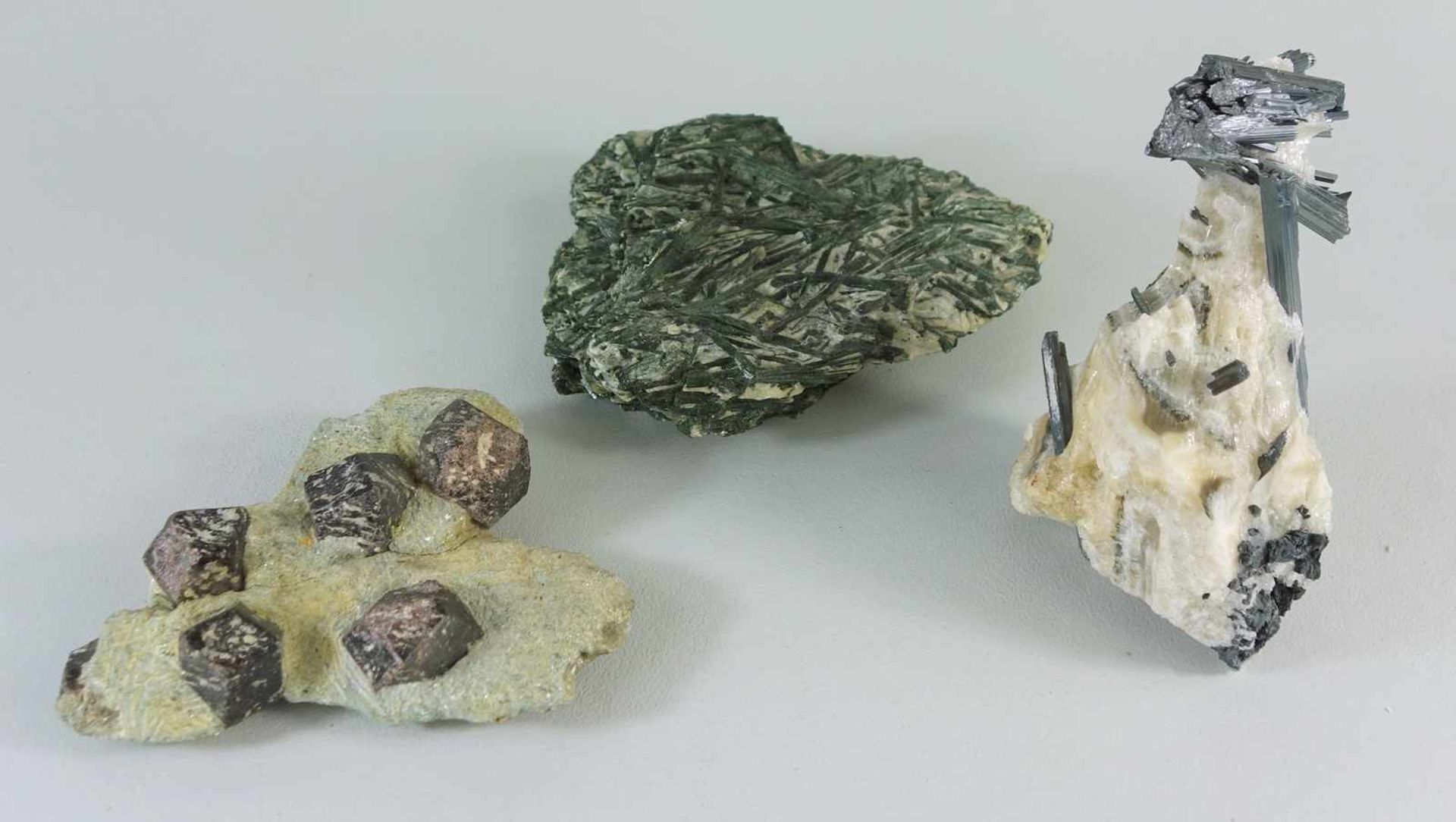 3 Mineralien: Granat in Glimmerschiefer, HBT 2,5*11*9cm, Gew. 252g; Aktinolith in Glimmerschiefer,
