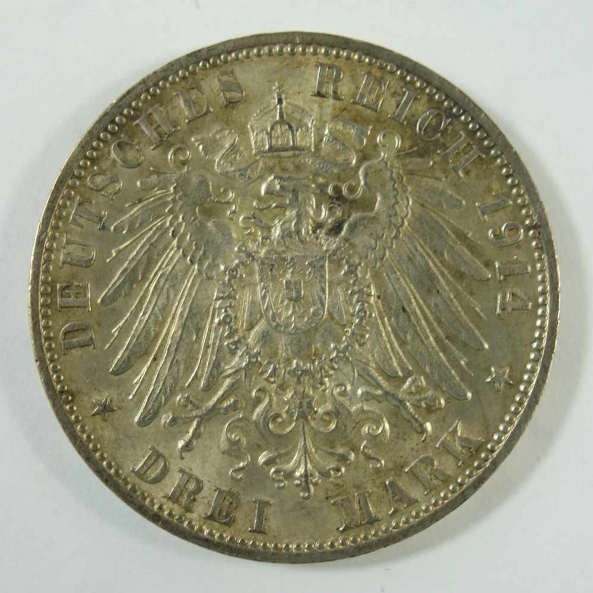 3 Mark 1914, F, "Wilhelm II., König von Württemberg", Kaiserreich, 900er Silber, Gew.16,65g, ss- - Image 2 of 2