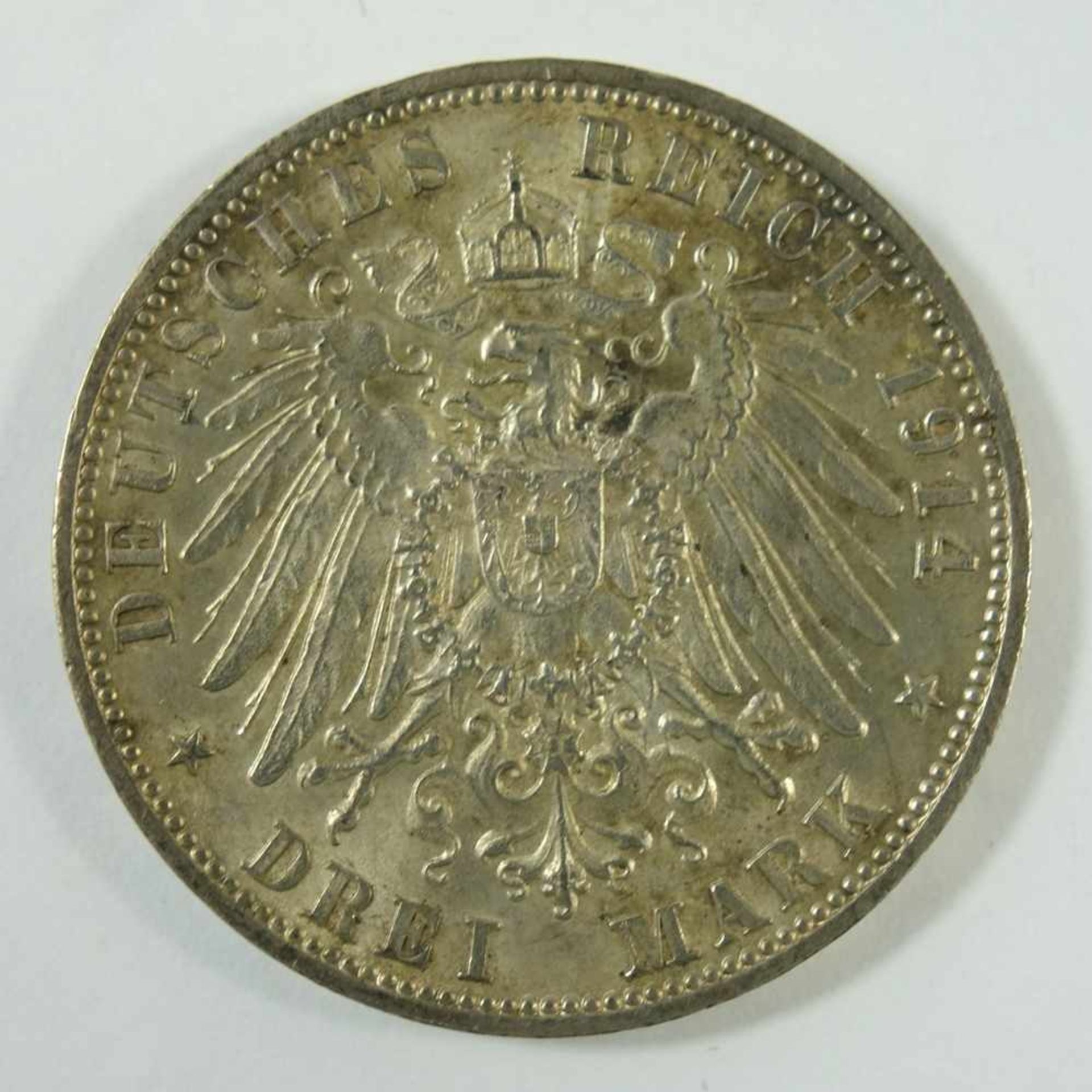 3 Mark 1914, F, "Wilhelm II., König von Württemberg", Kaiserreich, 900er Silber, Gew.16,65g, ss- - Bild 2 aus 2
