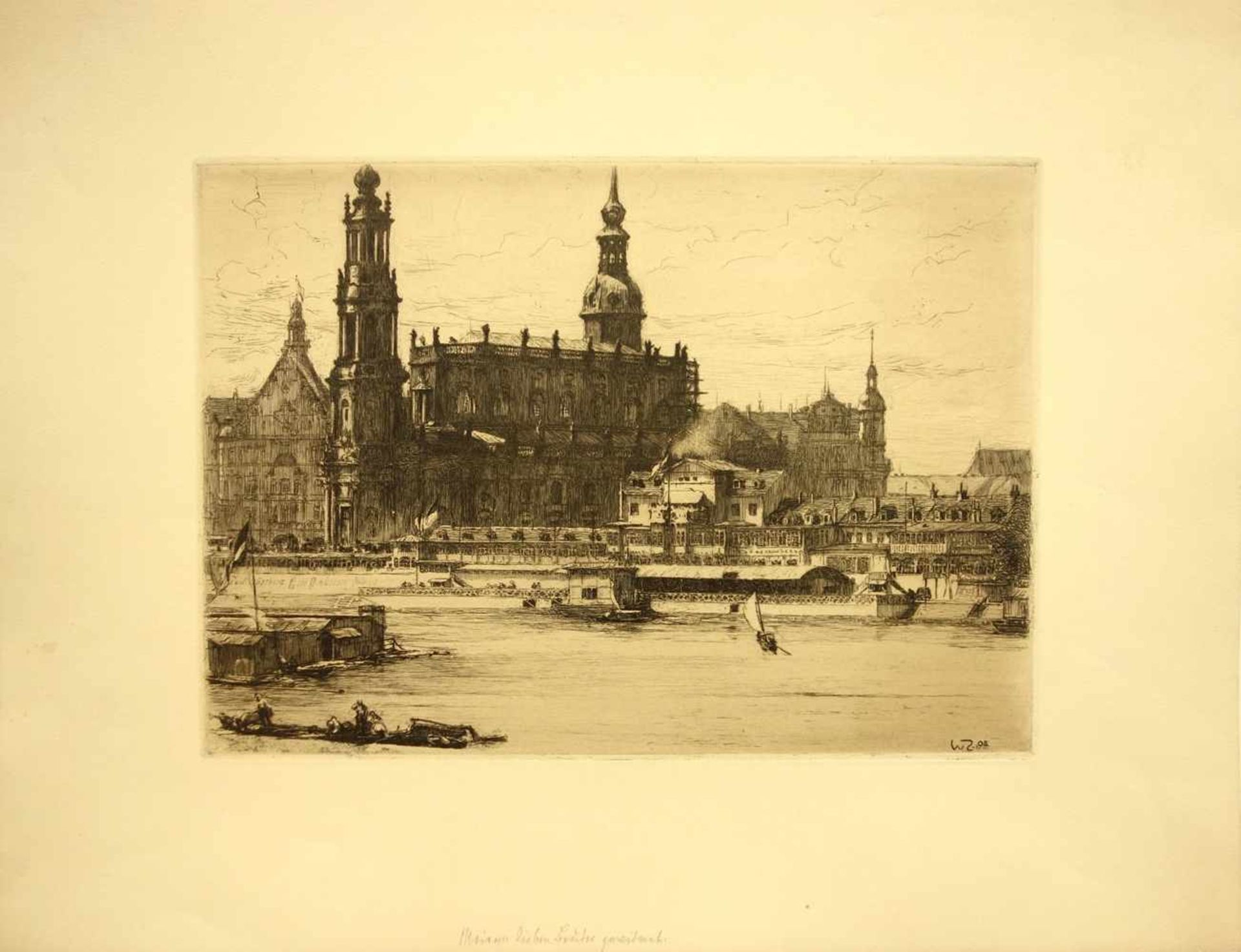 Walter Zeising (1876-1933) "Hofkirche und Italienisches Dörfchen in Dresden", 1905, Radierung, u.