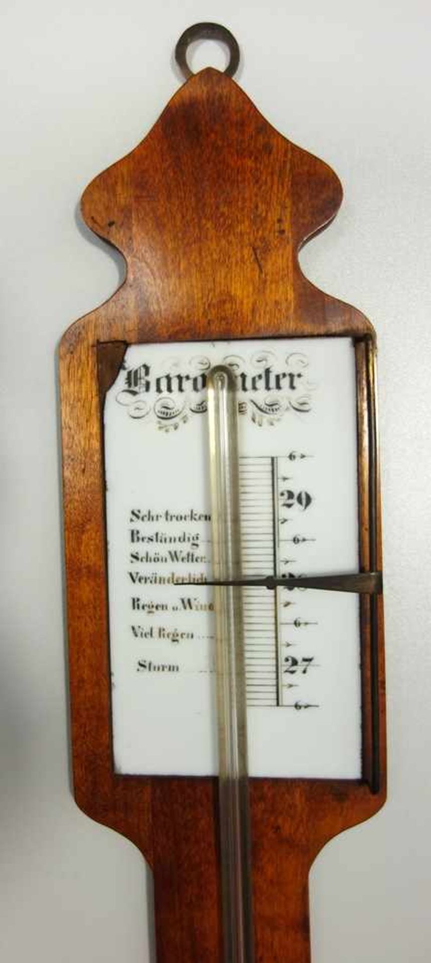 Torricelli- Barometer, um 1850, Holzpaneel mit Quecksilber gefüllter Glasröhre, Skala auf - Bild 2 aus 2