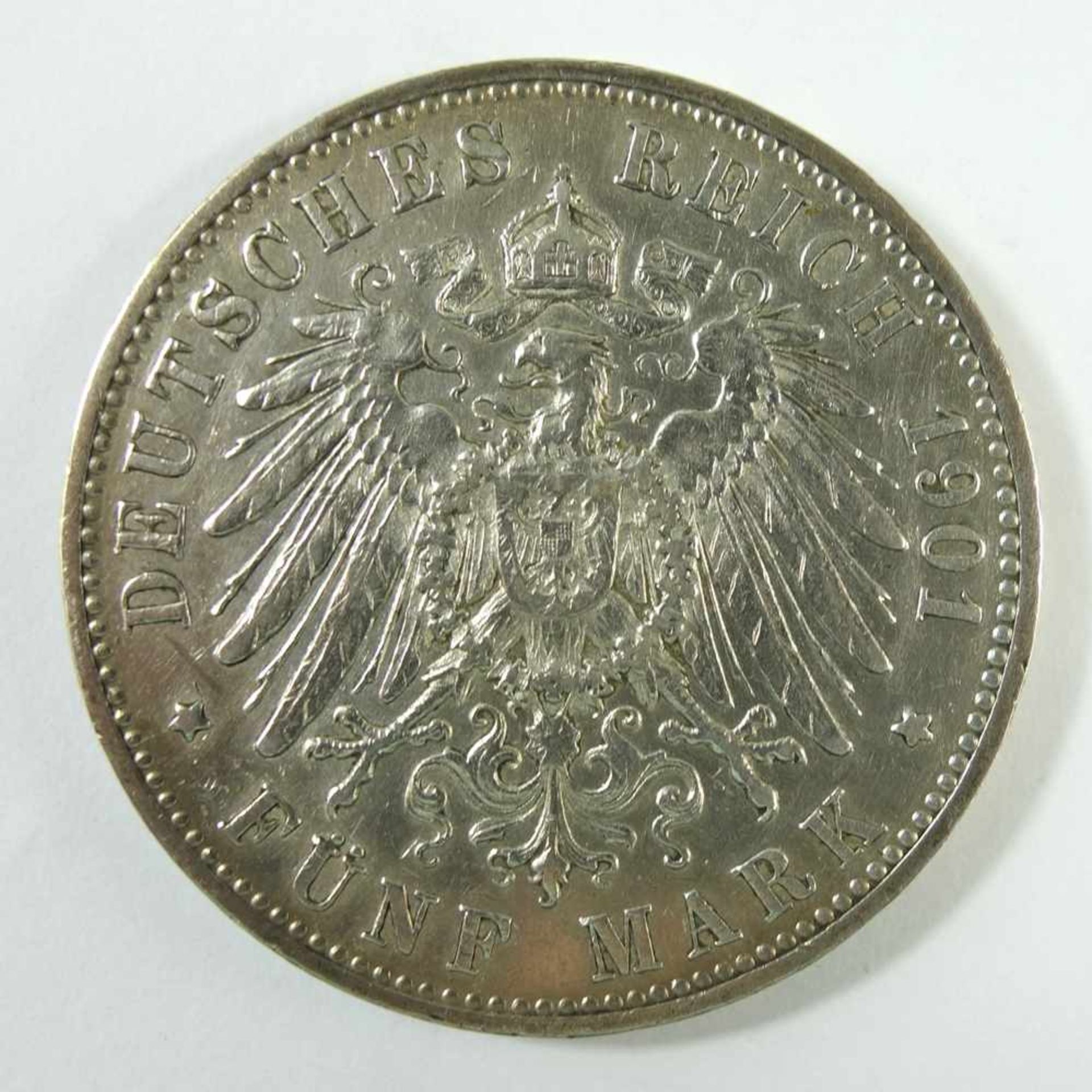 5 Mark 1901, F, "Wilhelm II., König von Württemberg", Kaiserreich, 900er Silber, Gew. 27,67g, ss-vz- - Bild 2 aus 2