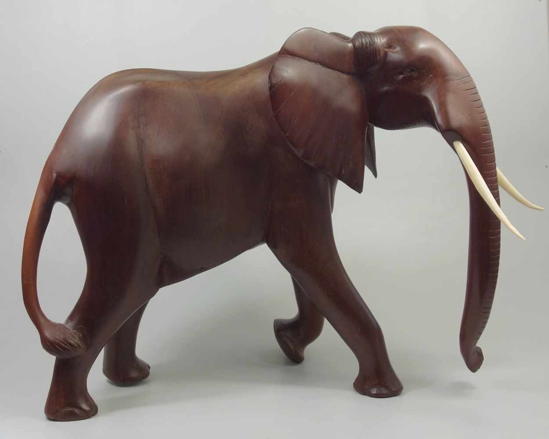 Elefant, Holz geschnitzt, geschnitzte Zähne aus Bein, H.39cm, L. mit Stoßzähnen ca.52cm, Gew.7,82kg-