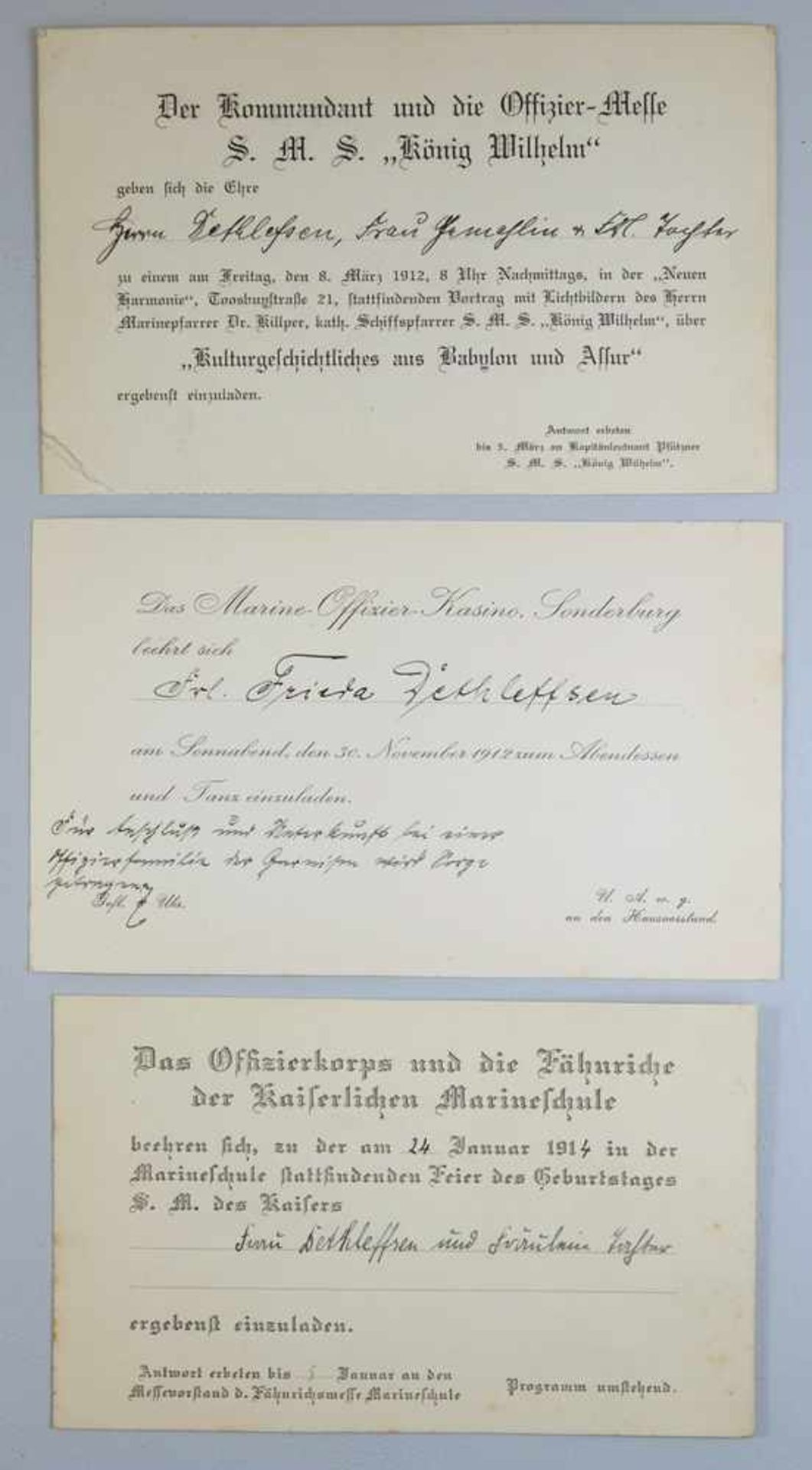 3 maritime Einladungen um 1910: Einladung zum Abendessen und Tanz vom Marine-Offizier-Kasino,