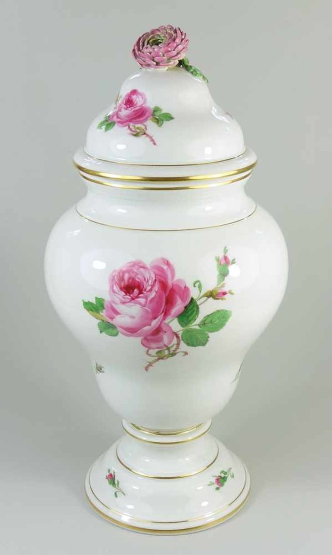 Deckelvase, Rote Rose, Meissen, Knaufzeit, 1815-1924, I.Wahl, Originaletikett "Modell", montiert,