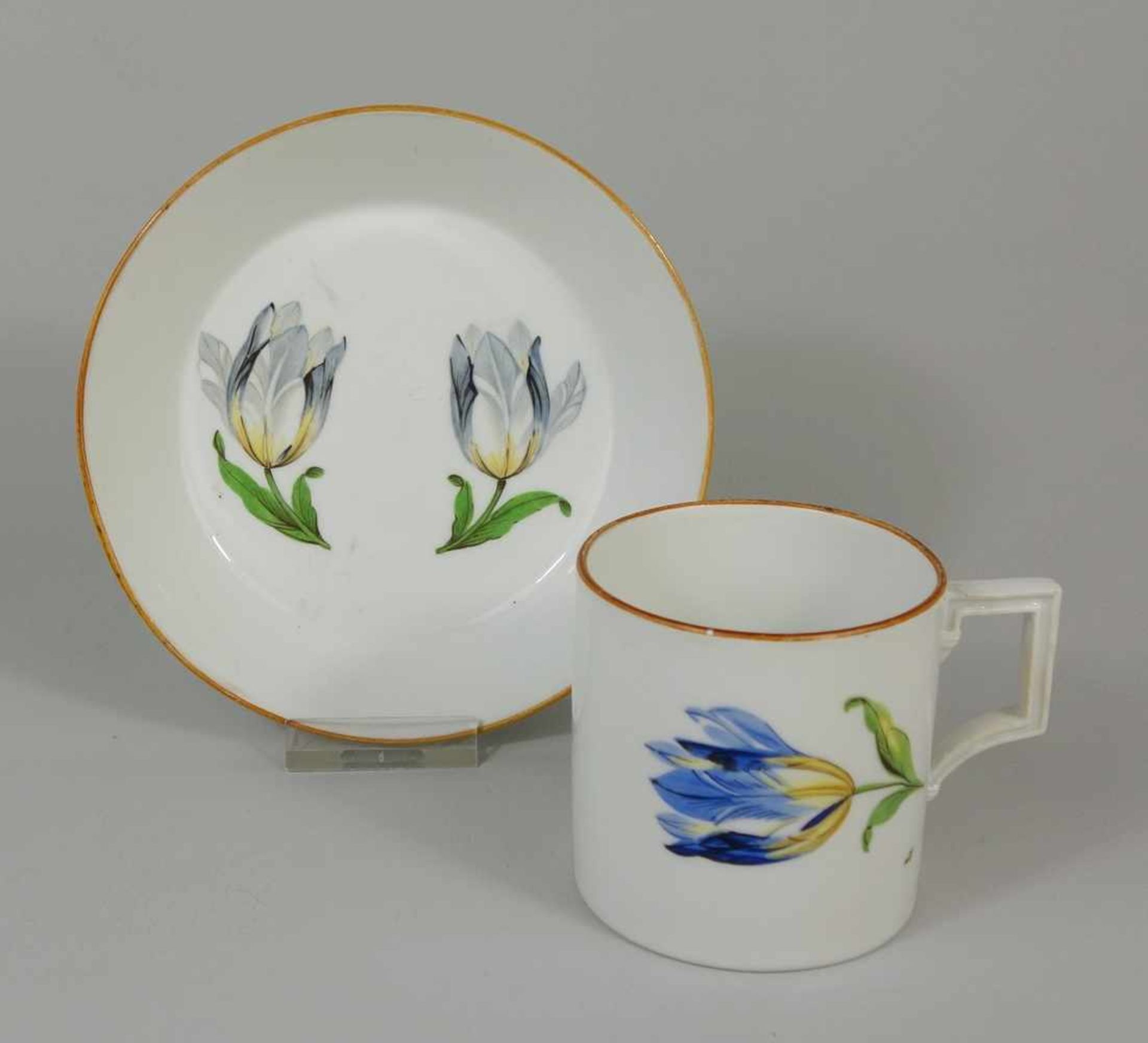2-tlg.Kaffeegedeck mit Tulpen, Marcolinizeit (1775 bis 1814), Meissen, I.Wahl, zylindrische Tasse,