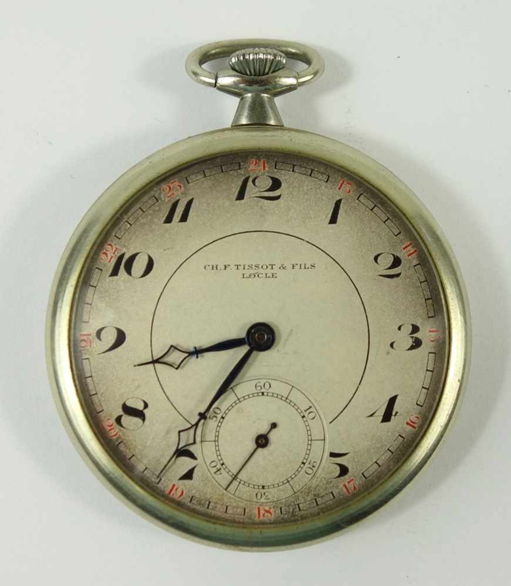 Frackuhr Tissot & Fils, 20er Jahre, vernickeltes Gehäuse, Rückdeckel mit Initialen FS und Datum 2.