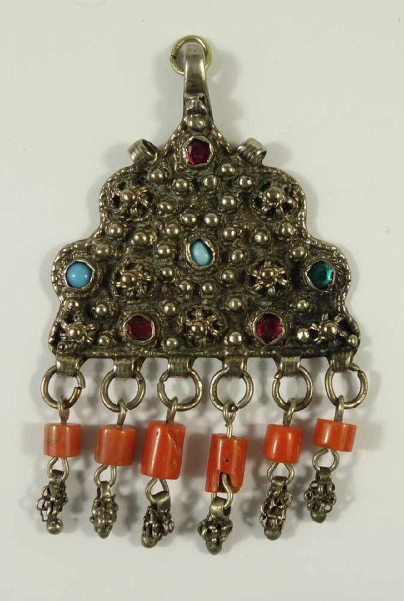 silberner Anhänger mit farbigen Steinen, Persien, Gew.18,1g, L.ca.7,5cm, B.4,8cmsilver pendant