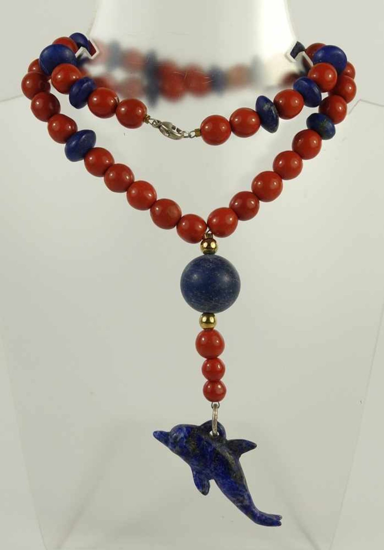 Korallen- Lapislazuli- Kette mit Delfin, Gew.101,0g, 925er Silber-Karabinerverschluss, vermutlich