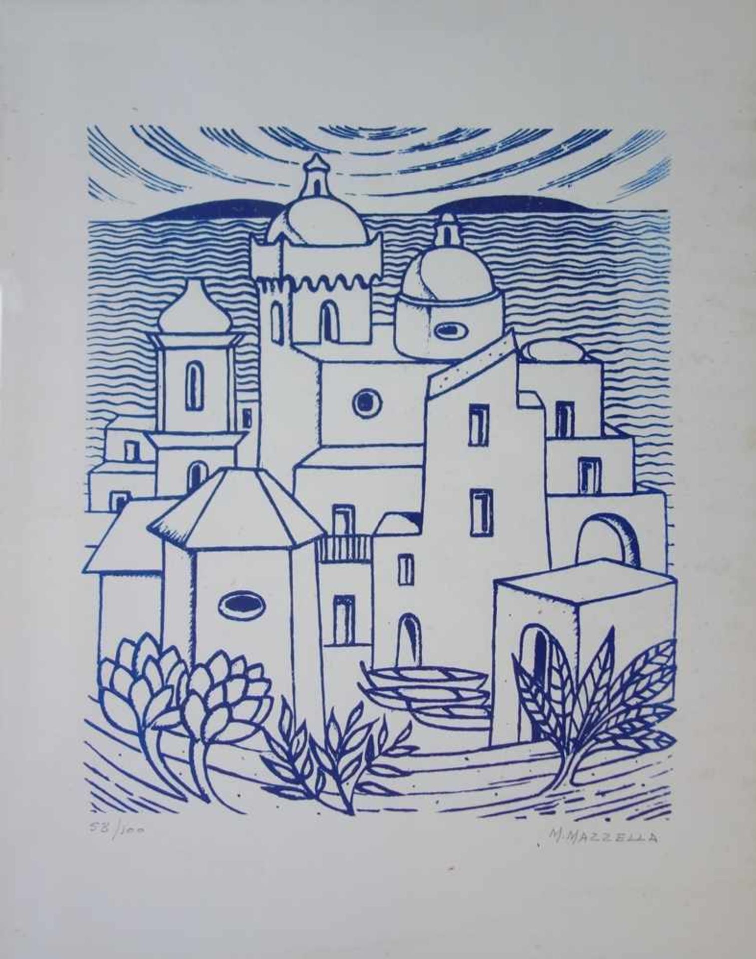 Mario Mazzella "Häuser auf Ischia", um 1980, Lithografie in Blau, lim. Ex. 58/100, u.r. signiert,