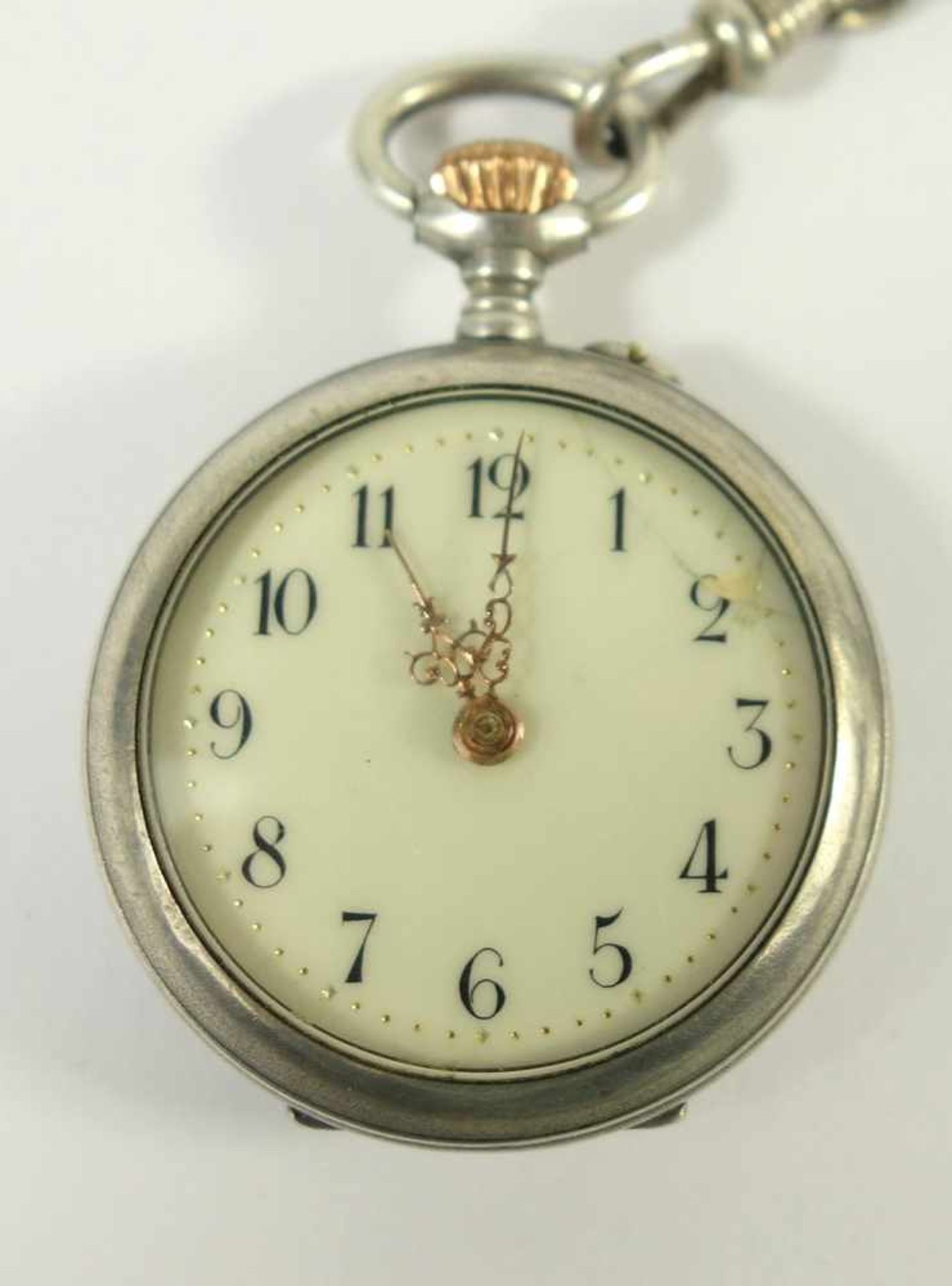 silberne Damentaschenuhr mit langer Uhrkette, Jugendstil um 1900, weißes Emailzifferblatt (beschäd. - Bild 2 aus 2