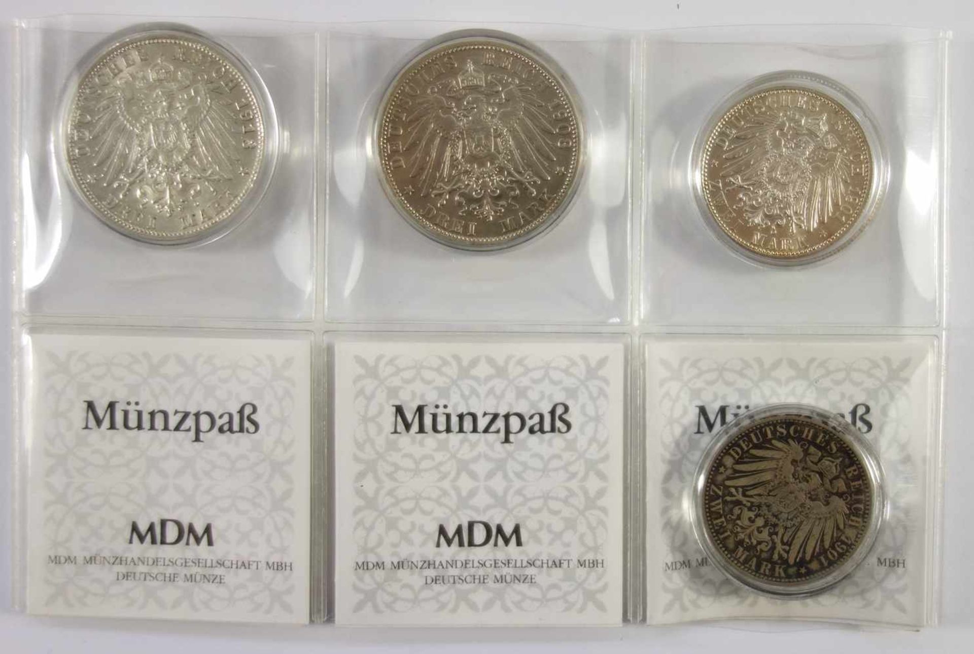 4 Münzen, Deutsches Reich, 2*2 Mark, Preussen (1901), 3 Mark, Preussen (1908), 3 Mark, Bayern ( - Bild 2 aus 2