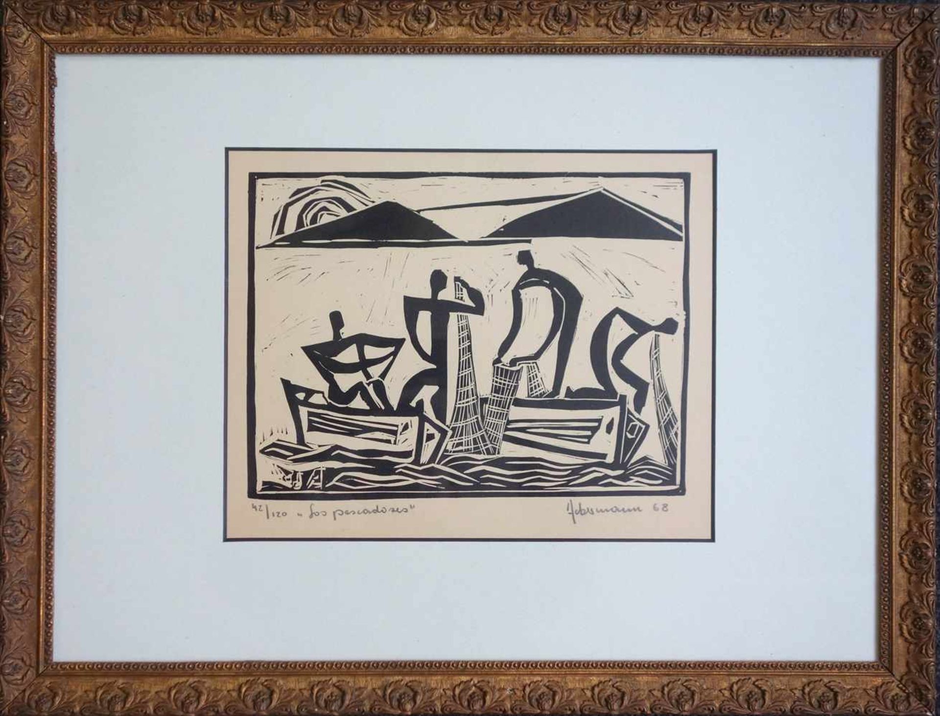 Rudolf Werner Ackermann, "Los pescadores", 1968, Linoldruck, u.r. signiert und datiert, u.l. titelt,