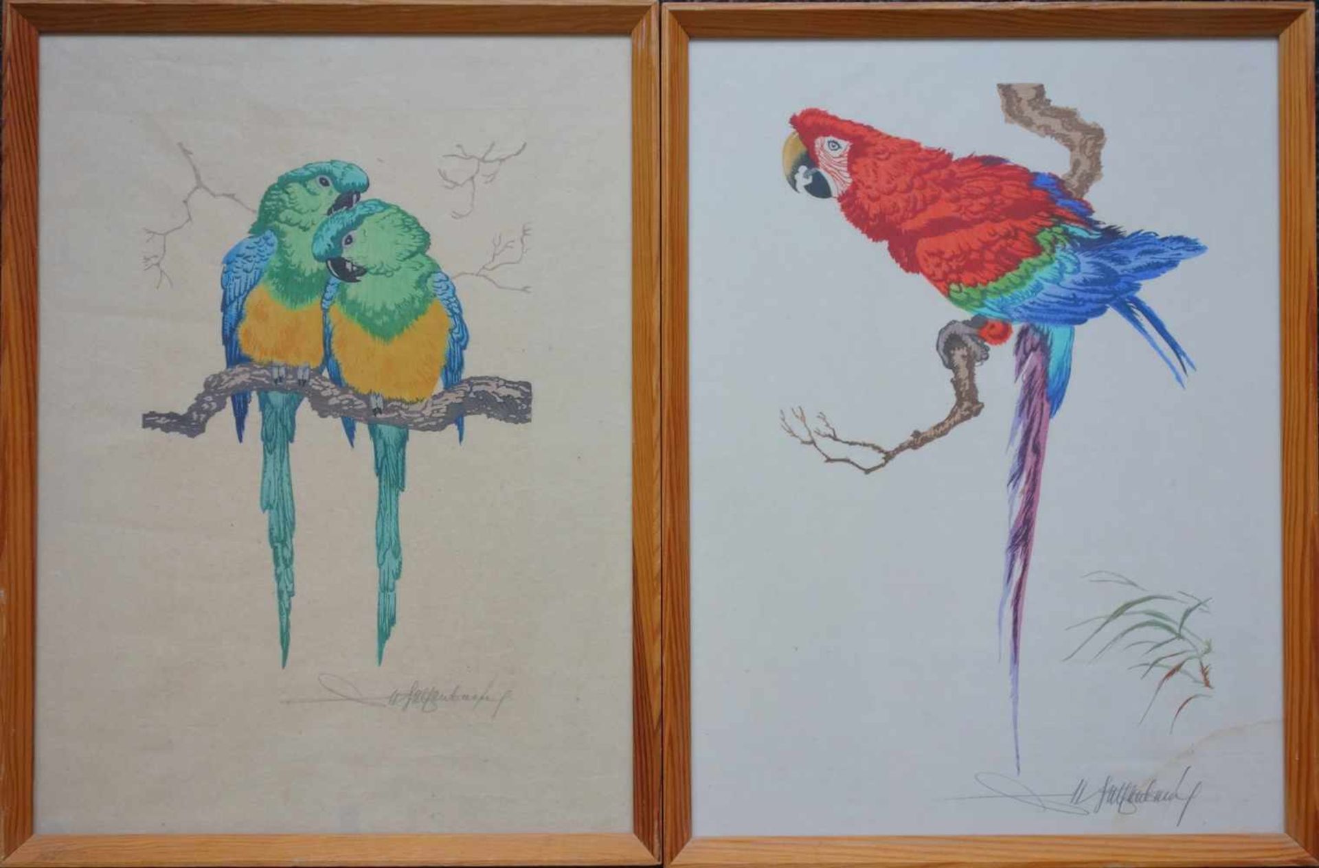 2 Farbholzschnitte "Papageien", um 1950, u.r. undeutl. signiert, verglast gerahmt, HB 41,5*31,5cm,