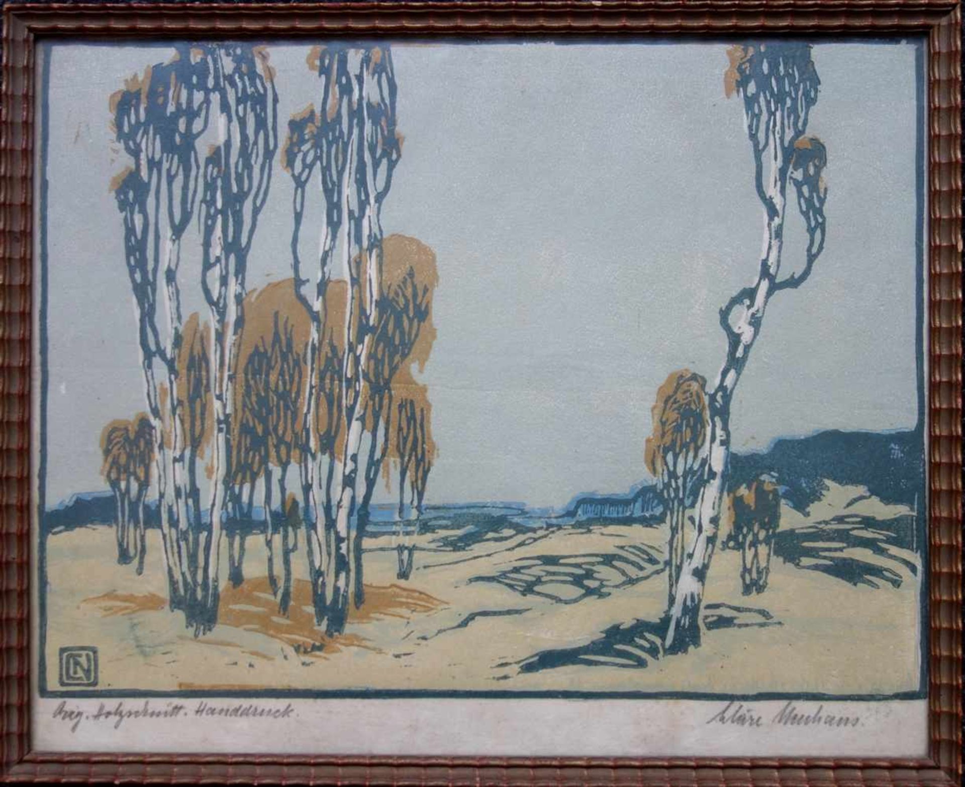 Cläre Neuhaus (1878-1950), "Birkenlandschaft", Farbholzschnitt, u.l. im Druckstock monogrammiert,