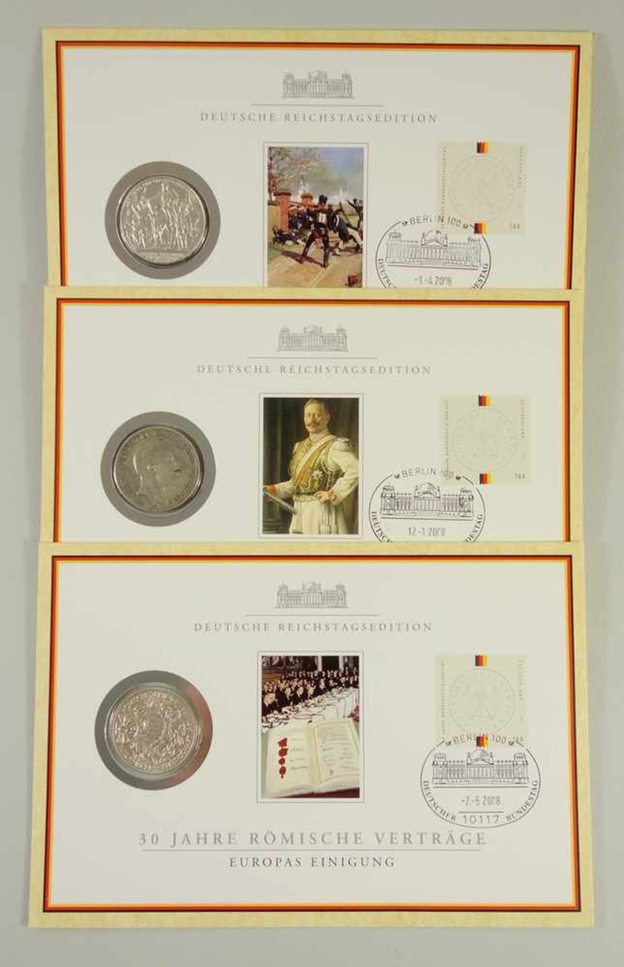 3 Münzen, Deutsche Reichstagsedition: 10 DM "30 Jahre Röm. Verträge" 1987, 625/1000 Silber, 15,5g