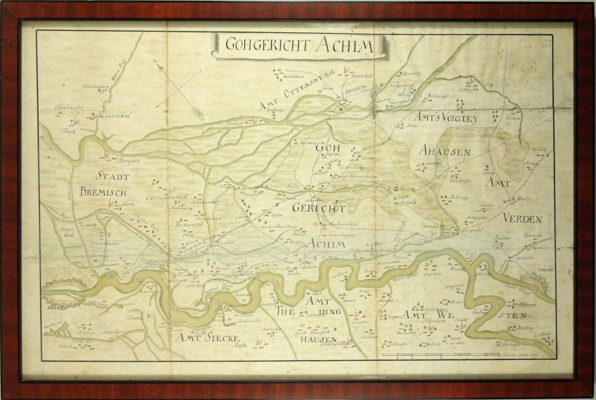 Karte "Gohgericht Achim", 19. Jh., aquarellierte Tuschezeichnung, deutl. Falzspuren, verunreinigt,