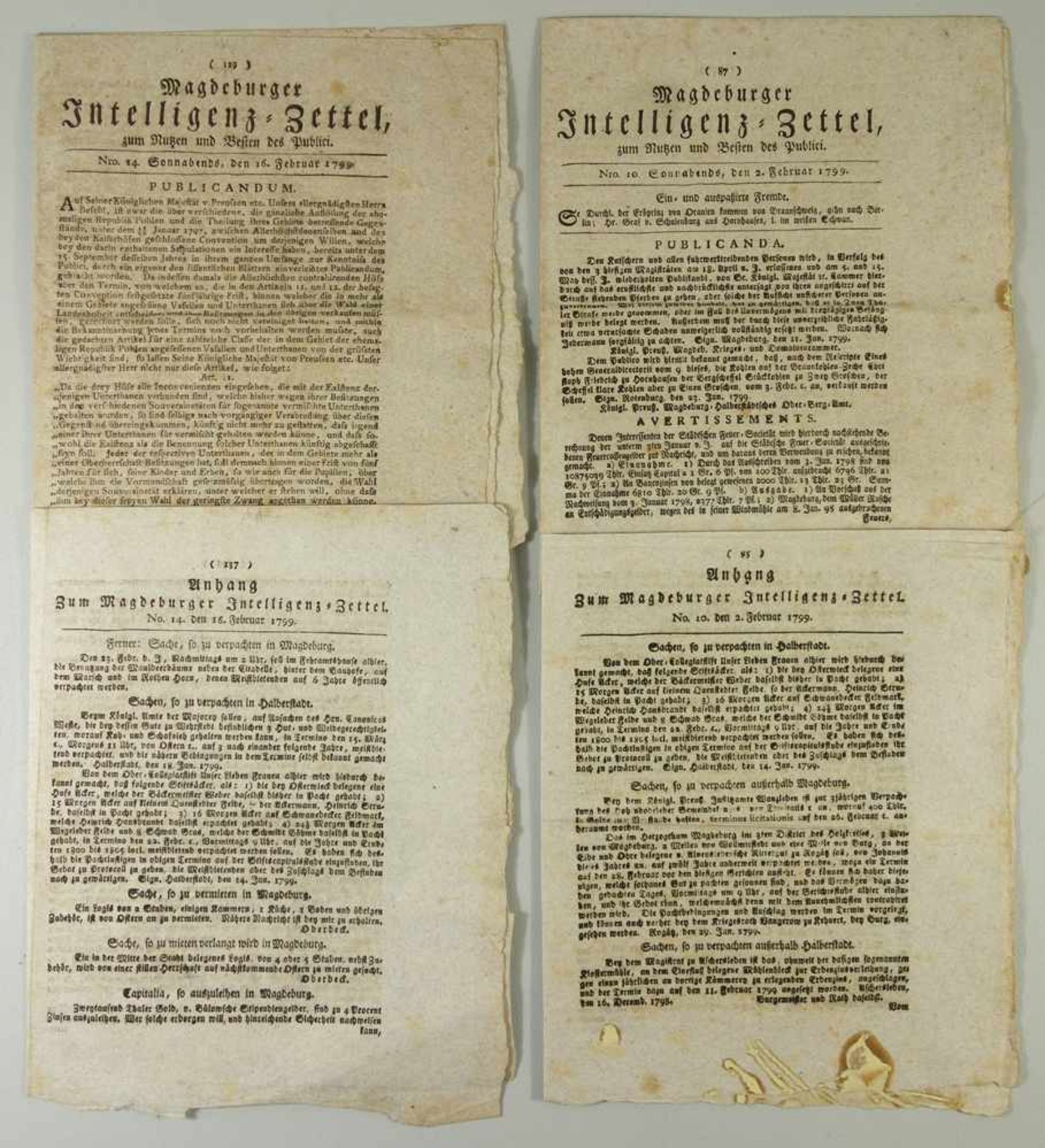 2 Magdeburger Intelligenz-Zettel mit jeweiligem Anhang, 1799, ...zum Nutzen und Besten des