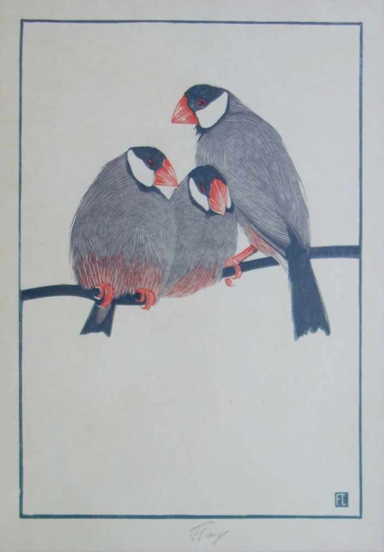 Fritz Lang "Drei japanische Reisfinken auf Zweig", Anf. 20. Jh., Holzschnitt und Werksverzeichnis "
