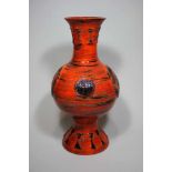 Vase, 1960er Jahre, Keramik, orange-schwarz glasiert, kl. u. gr. Medallions mit Mandalamotiven,